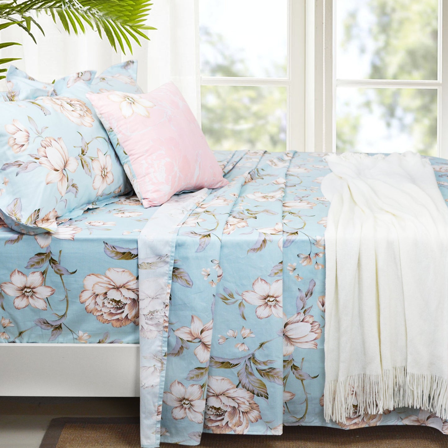 FADFAY Shabby Floral Bed Sheet Set Farmhouse Bedding Blue Cotton Winter Bedding Deep Pocket Sheets 4-Piece King Size
