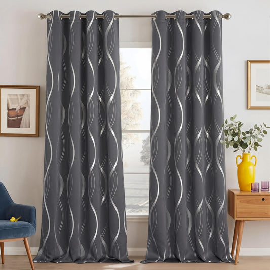 NICETOWN Grey Blackout Striped Pattern Curtains for Living Room 84 inch Long 2 Panels Set, Noise Reducing Thermal Insulated Wave Line Foil Print Bedroom Drapes for Patio Sliding Glass Door (52 x 84)