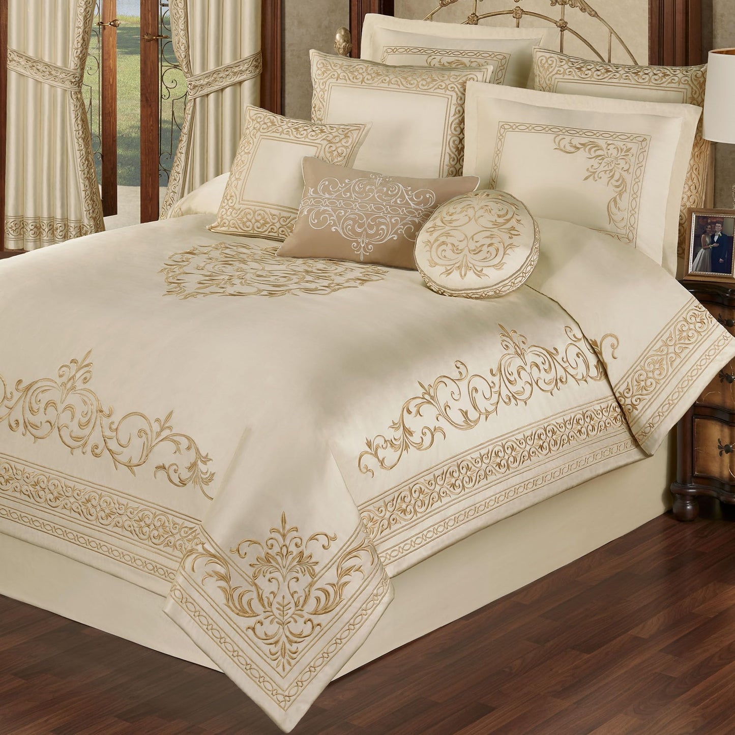 Touch of Class Versailles Luxury Bedding | Classic Neutral Pearl | Palace-Inspired French Style Golden Scrollwork Embroidery on Sateen 4 Piece Set: Queen Comforter, Bedskirt & 2 Standard Shams