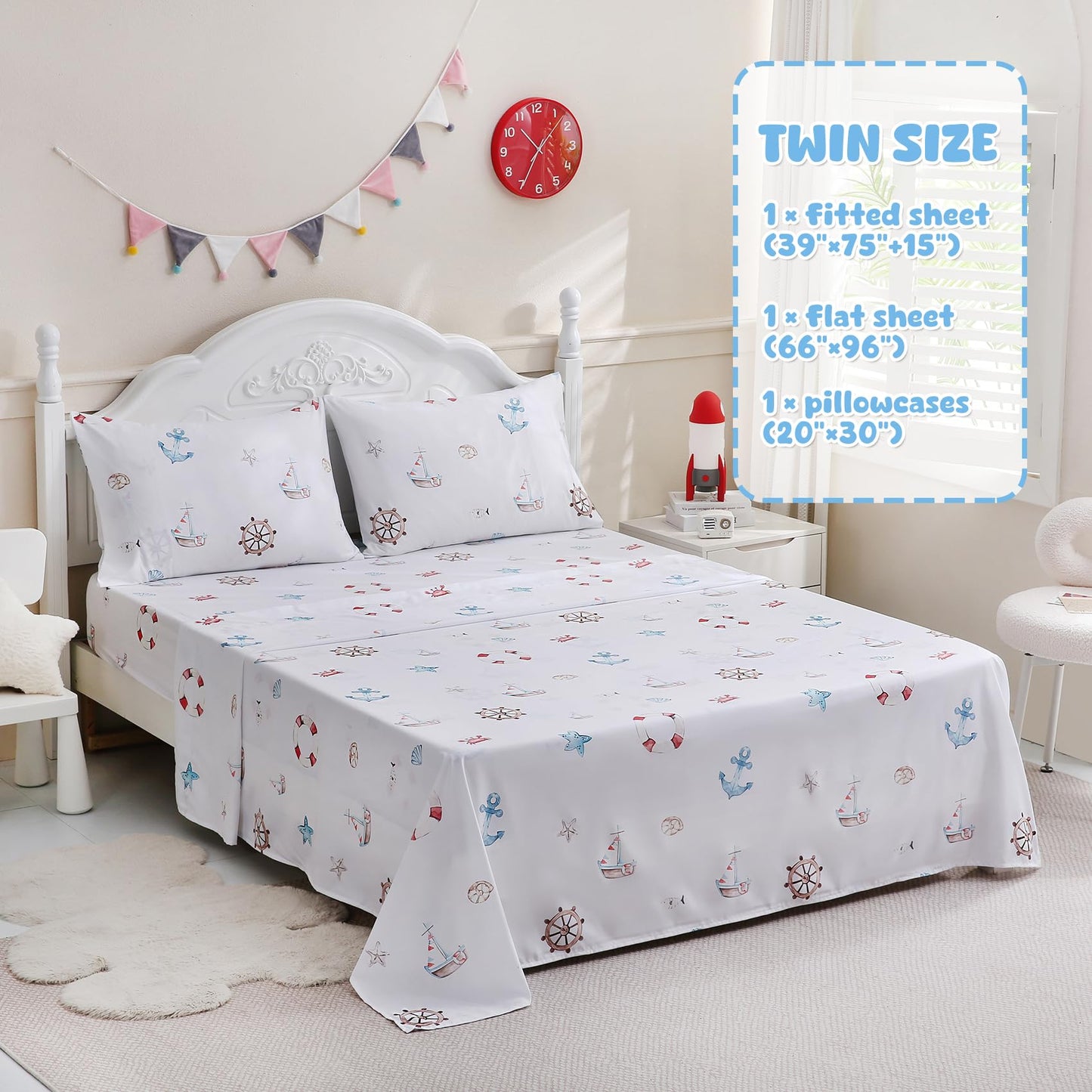 Ocharo Nautical Theme Kids Twin Sheets Set,Soft Microfiber Anchor and Rudder Bed Sheet for Teens - Deep Pockets Wrinkle Free,Blue Ocean Themed Bedding Sets for Boys Girls Toddlers