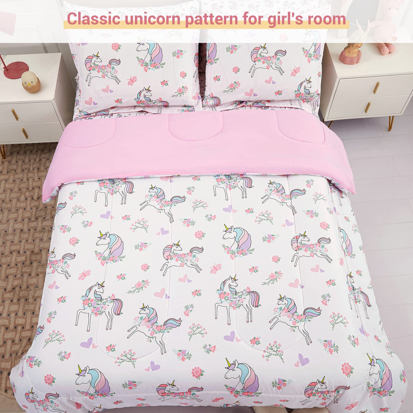 Viviland Kids Full Bedding Sets for Girls, Soft Full Comforter Set with Sheets, 7 Pieces Microfiber Bed in a Bag, White Unicorn