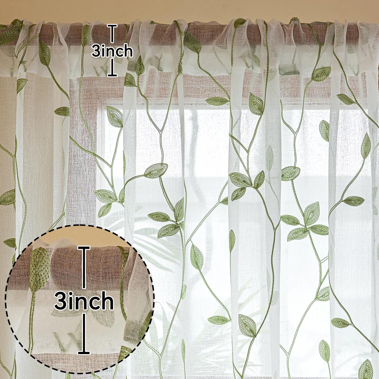 AmHoo 2 Panels Embroidered Leaf Pattern Semi Sheer Curtains Foliage Floral Voile Window Draperies Treatment for Bedroom Living Room Rod Pocket White Light Green 53 x 95 Inch