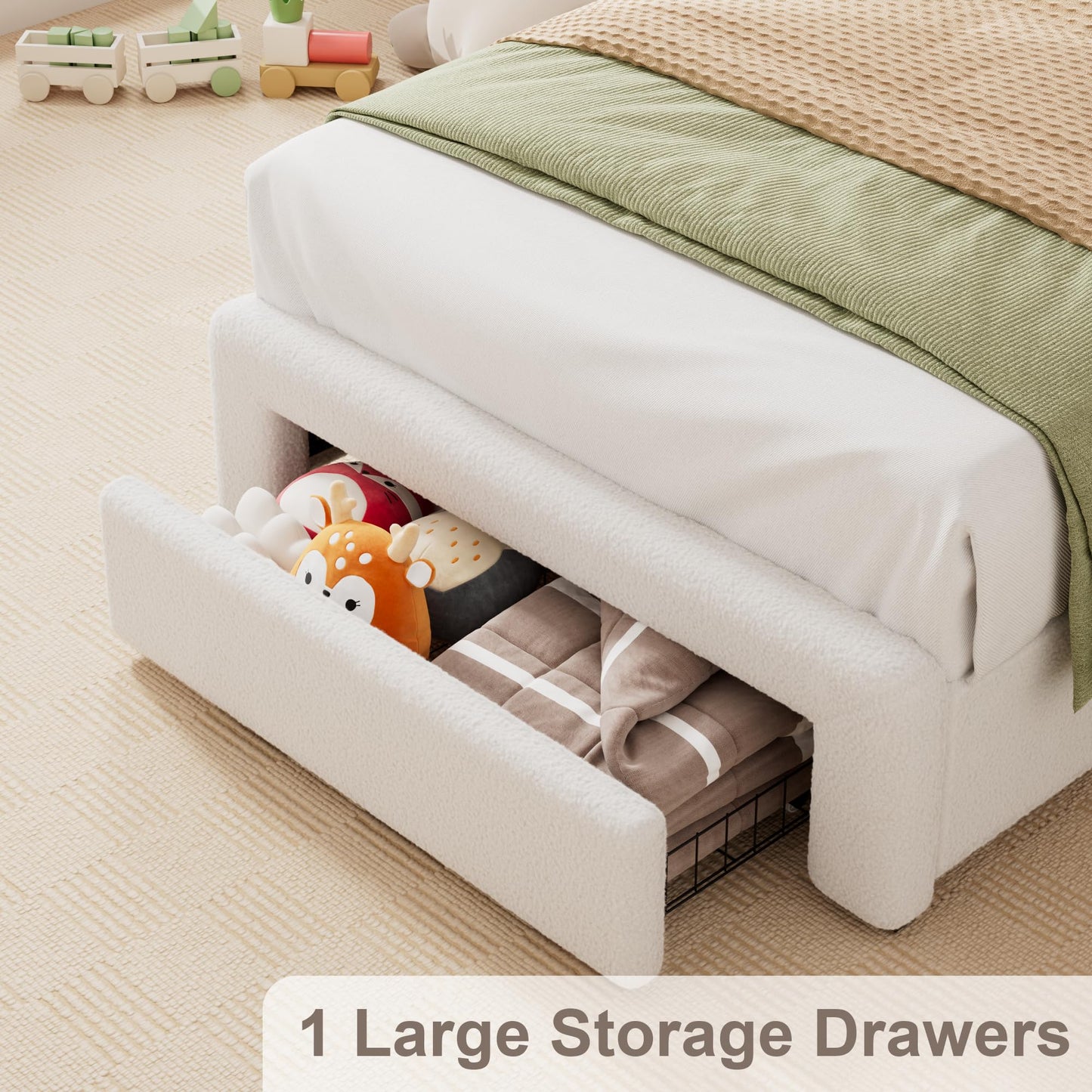 VINTLJUS Twin LED Bed Frame with Storage Headboard & Charging Station, Kids Bed Frames with Bookcase, Teddy Fleece Upholstered Platform Bed Frames with 1 Storage Drawer, No Box Spring Needed, Beige