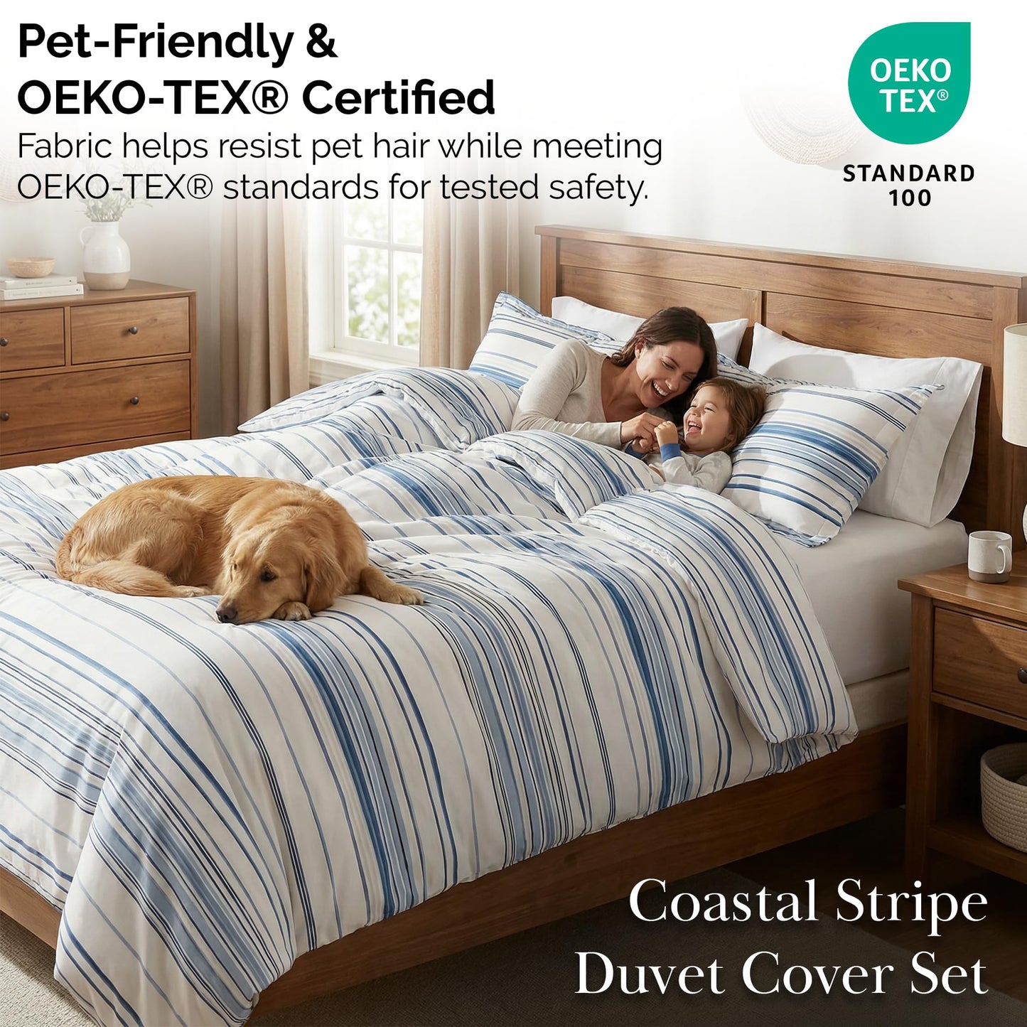 Southshore Fine Living, Inc. Oversized King Coastal Duvet Cover Set, Blue and White California King Duvet Cover, Reversible Bedding Set for Beach Theme Rooms, 2 Pillow Shams - Coastal Stripe Blue