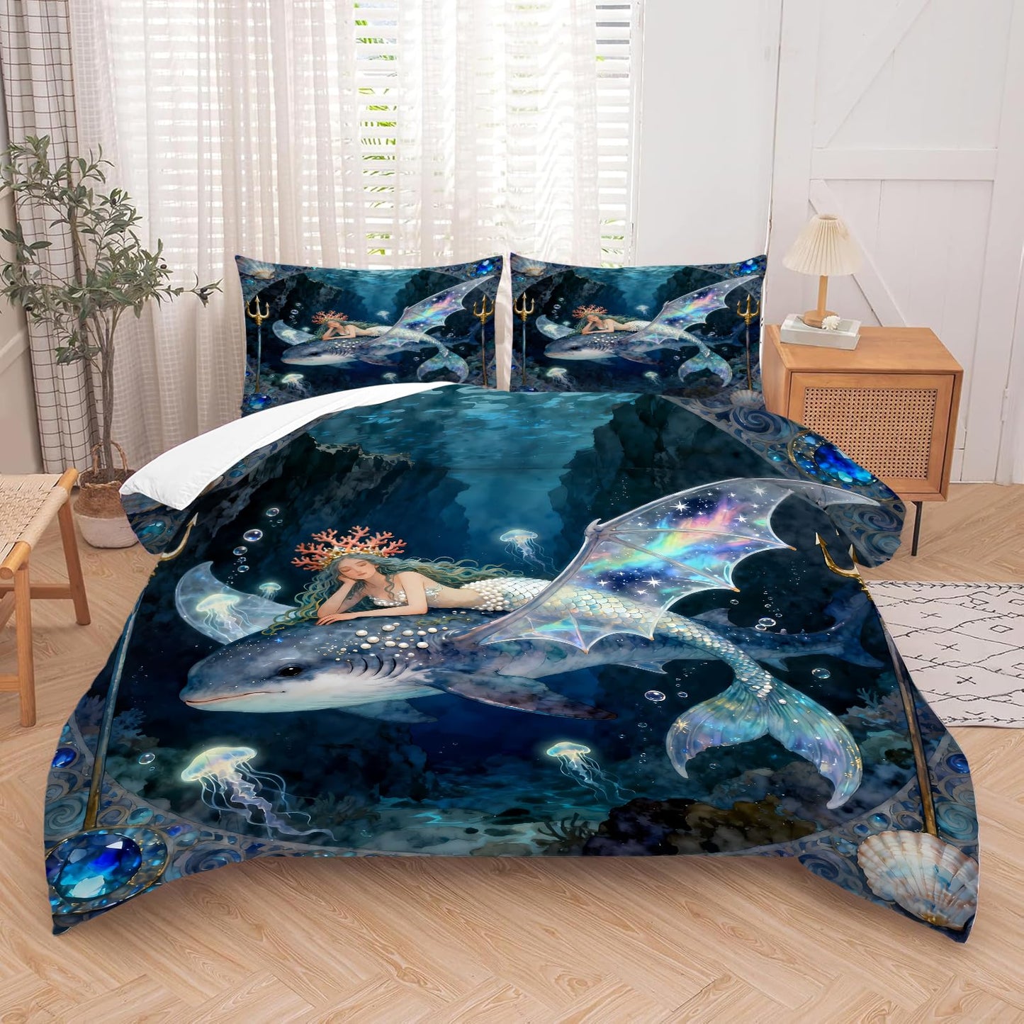 kxry Mermaid King Bedding Sets for Girls Kids, Ocean Fish Scales Quilt, Coastal Nautical Sea Animal Comforter Sets, Cute Jellyfish Duvet, Sparkle Mermaid Fish Scale Soft Comforter, 3 Pcs
