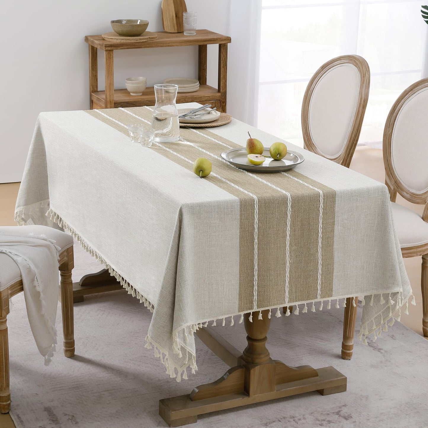 Softalker Outdoor Linen Tablecloth Square, Waterproof Cotton Boho Farmhouse Table Cloths with Tassel, Heavy Weight Wrinkle Free Table Cover for Picnic Camping Dining - 55 x 55 Inch, Coffee Lines
