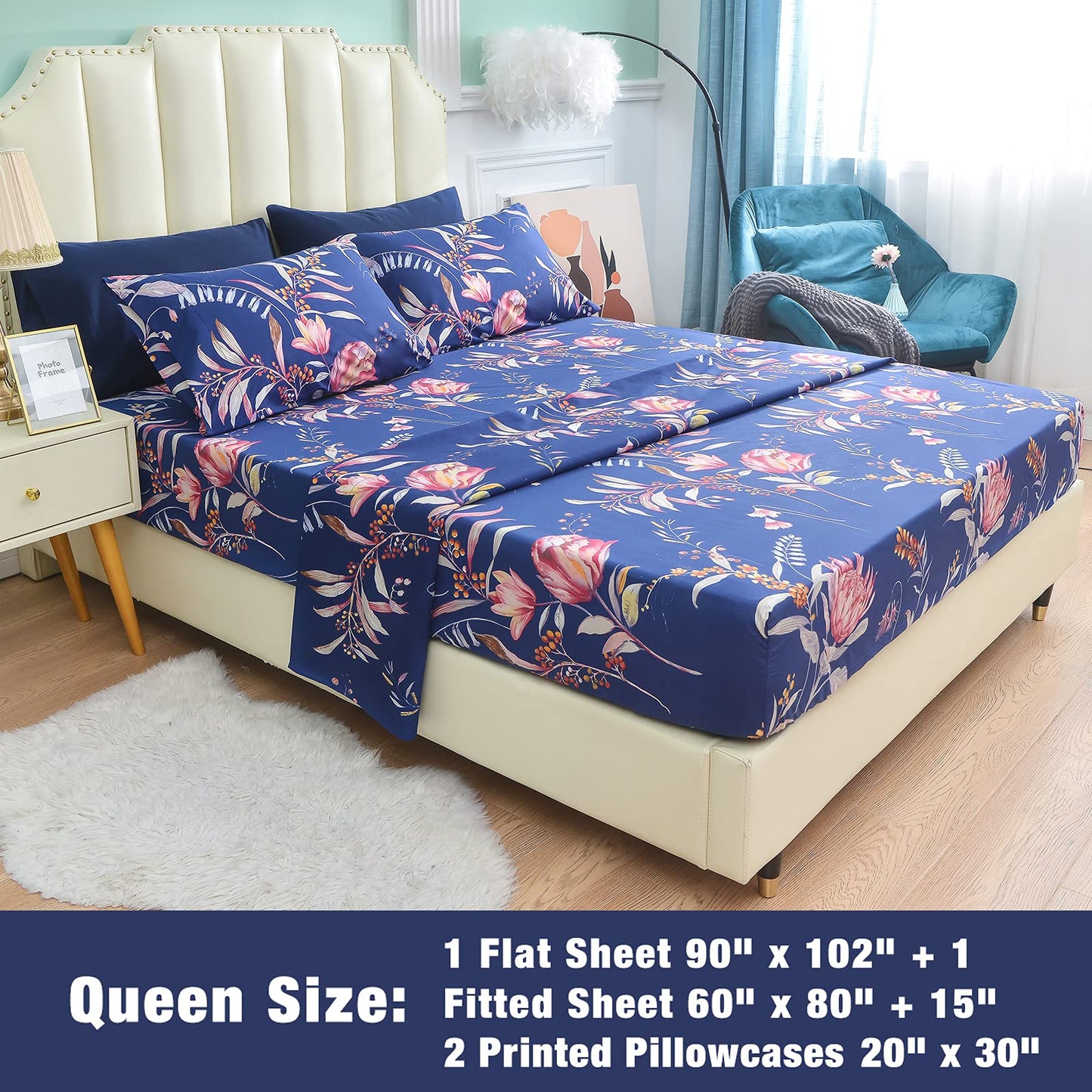 JSD Navy Floral Sheet Set Queen Size, 4 Piece Soft Printed Microfiber Sheets Extra Deep Pocket