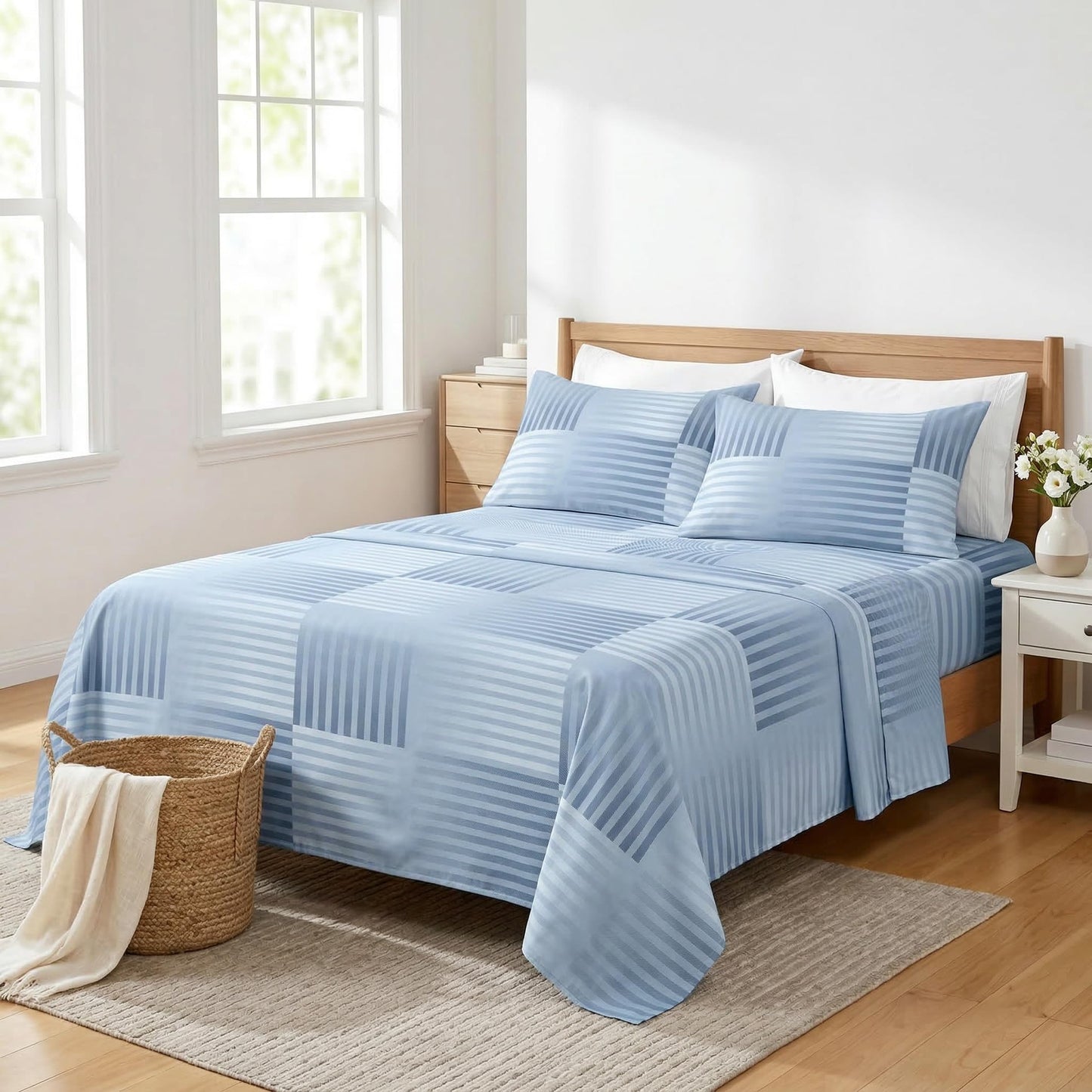 HCORA Striped King Sheet Set, Ultra Soft Double Brushed Microfiber Bed Sheets, Deep Pocket, Breathable, Wrinkle Resistant, Easy Care, 4PC, King