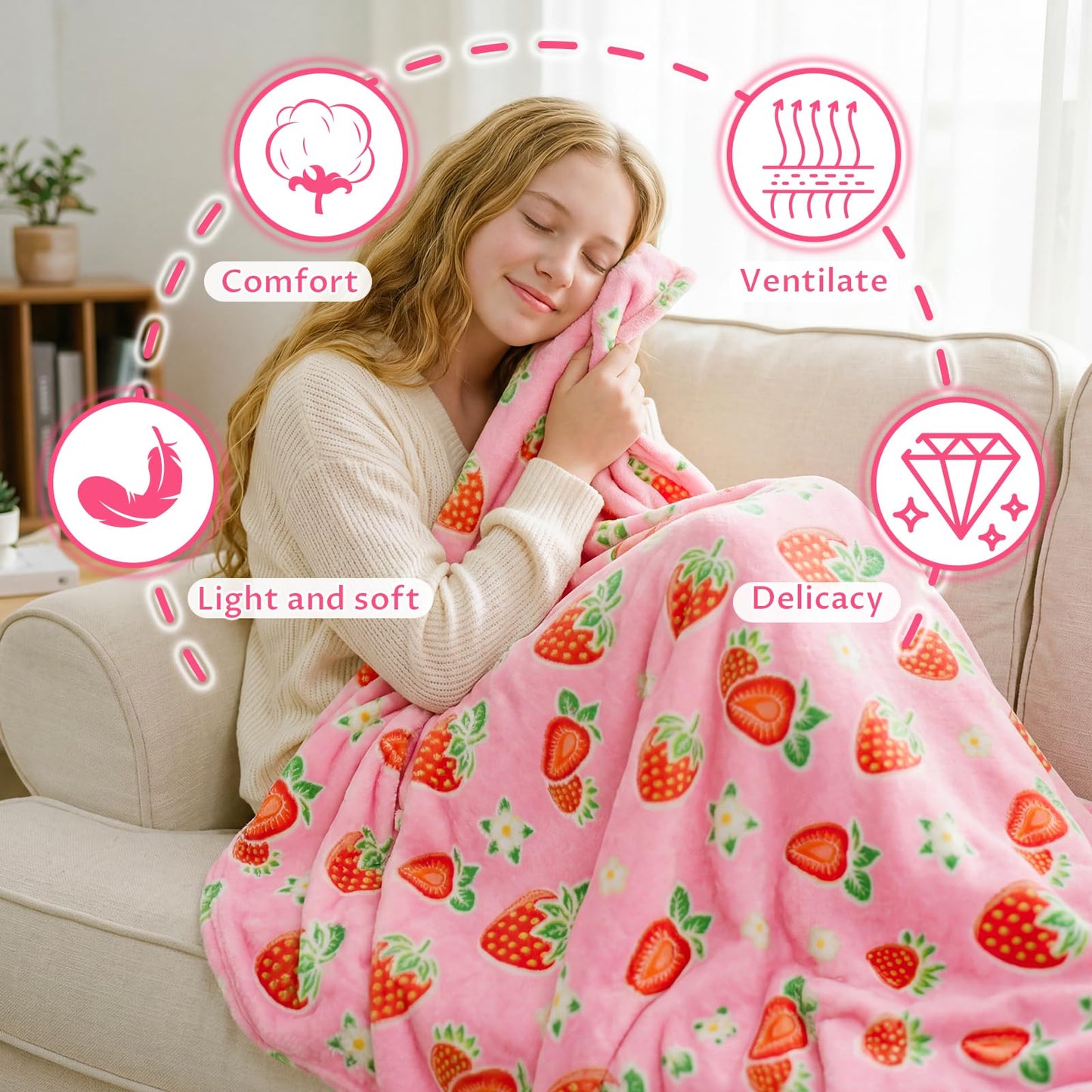 Glow in The Dark Strawberry Blanket for Women Girls, Cute Pink Fleece Throw Blanket, Soft Throw for Bedroom Couch Sofa Decor, Christmas Strawberry Gifts for Women Kids Teens