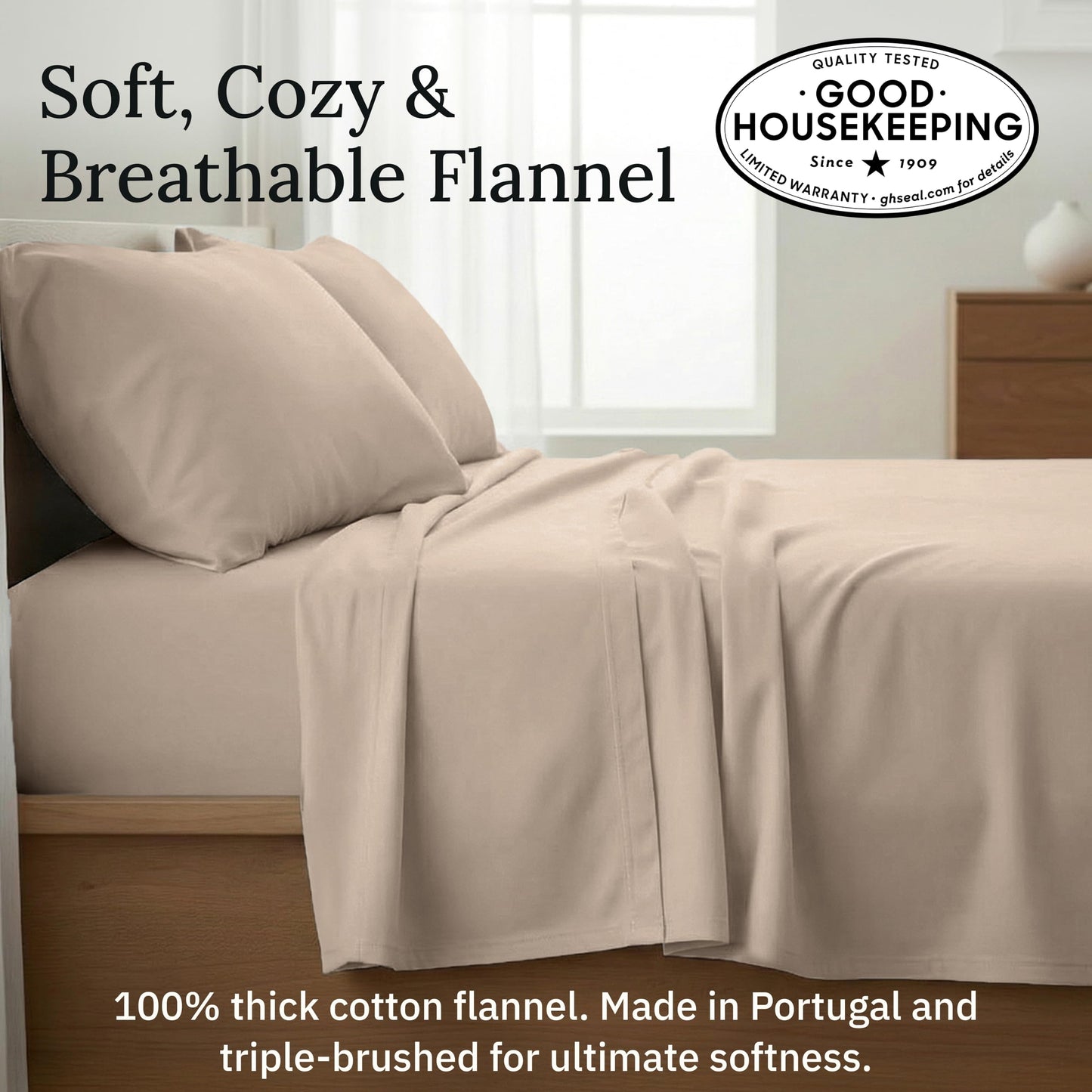 California Design Den Flannel Twin Size Sheets Set - Made in Portugal 100% Cotton, Triple-Brushed, Thick, Velvet Soft 3-Piece Extra Deep Pocket Sheets Set - Beige Bliss