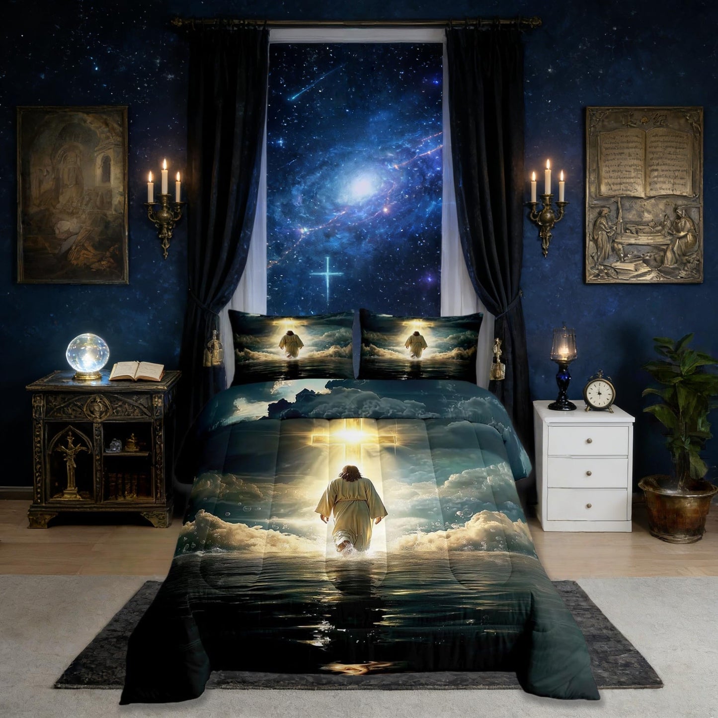 God Walking on Water Girls Bedding Set Twin Size,Western Faith Bible Verse Comforter Set,Spiritual Blue Ocean Quilt Comforter Girls Boys Teens,Golden Dark Blue Room Decor All Season,1 Pillowcase
