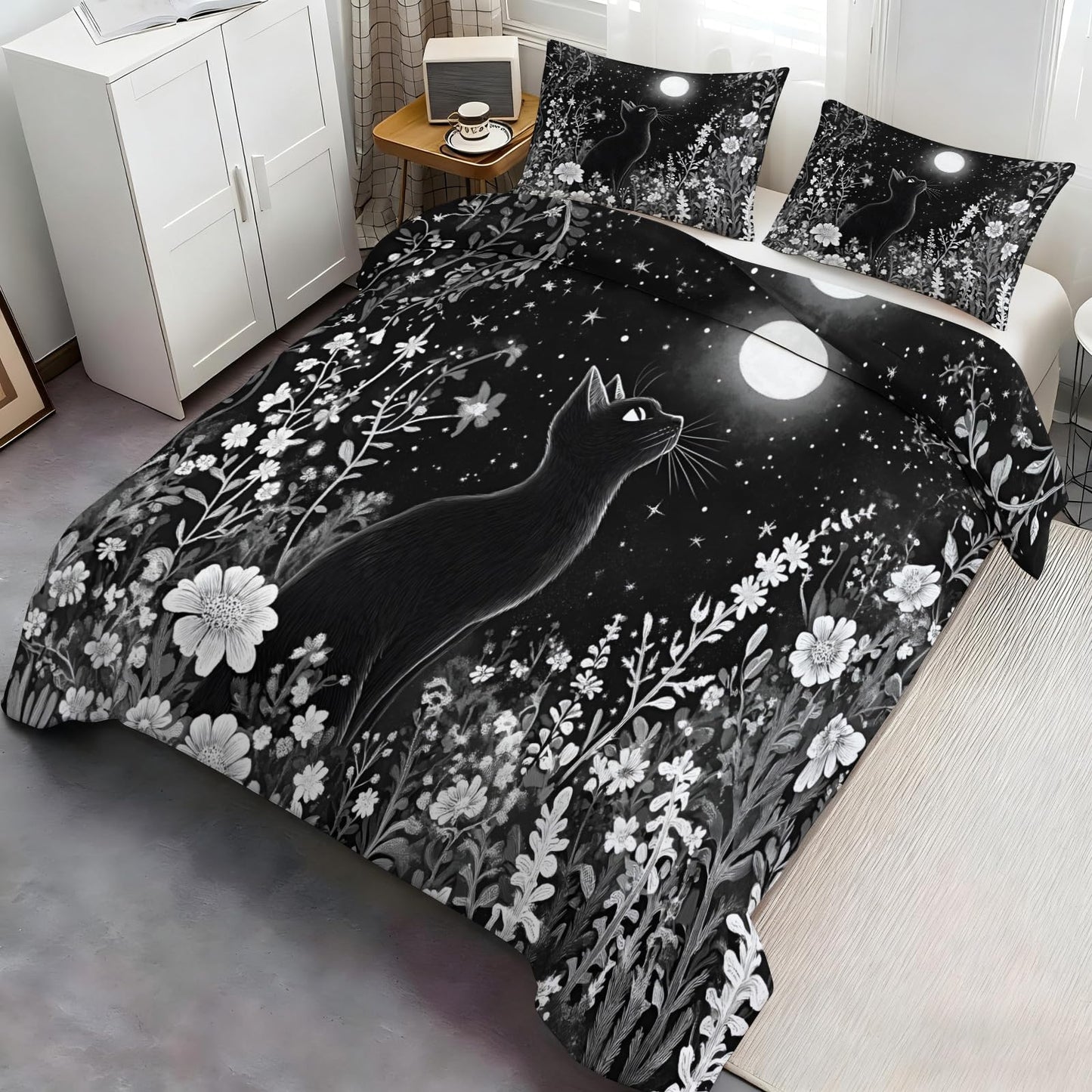 GKPLY Black Cat Moon Bedding Comforters, Monochrome Floral Duvet Cover, Starry Night Artwork Comforter Set Reversible Print, Magical Pets Bedding Duvet Cover & 2 Pillowcases, California King