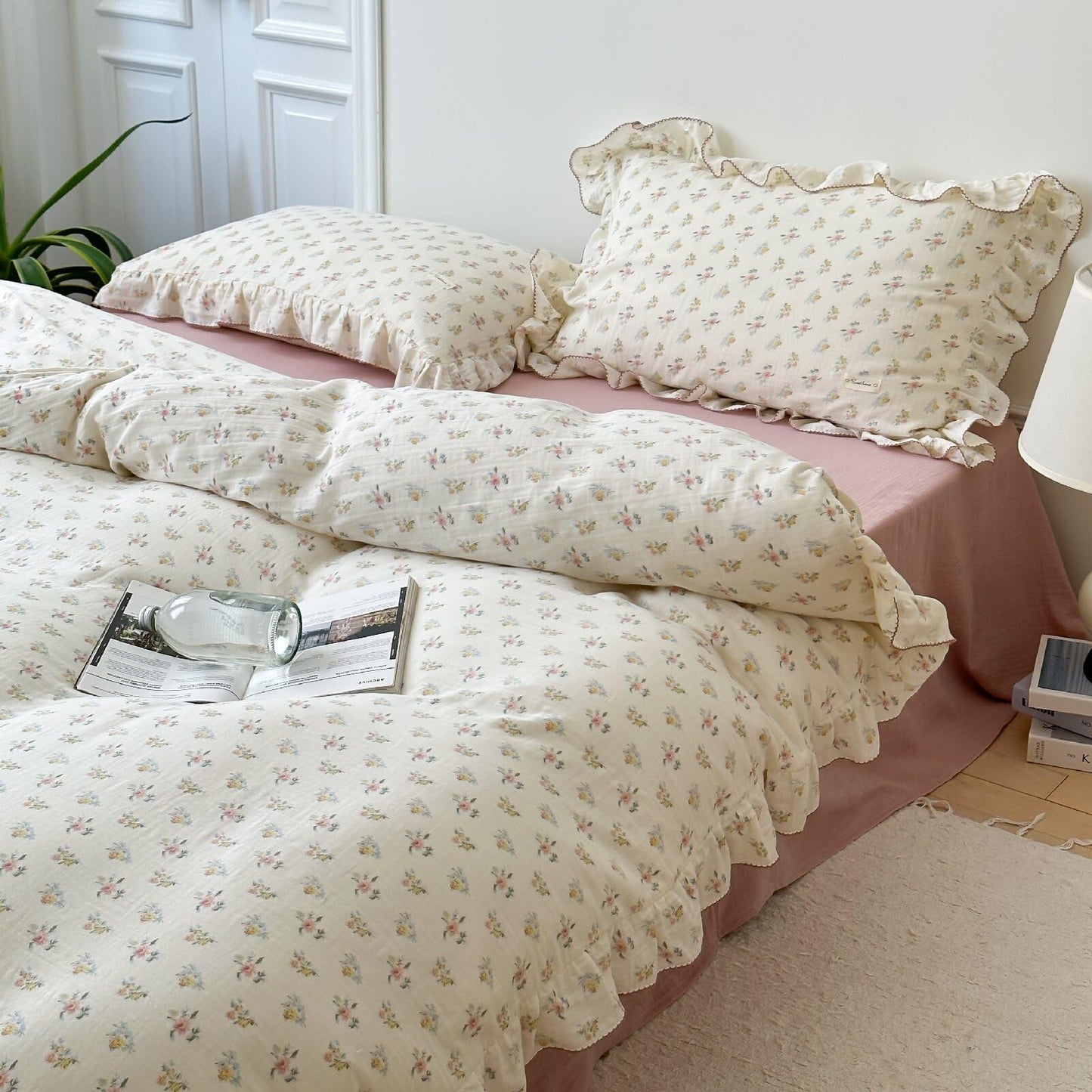 BuLuTu Muslin Cotton Duvet Cover Set Queen, Ruffled Bedding Quilt Cover Shabby Chic Azalea Floral Comforter Cover, Soft Lightweight Bed Set for Kids Teens Young Adults, Machine Wash