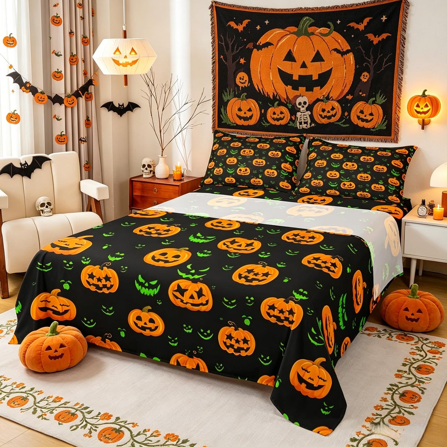 Halloween Bed Sheet Set 3pcs Twin Size, Yellow Pumpkin Lantern and Green Gothic Face Print Fitted Sheet + 1 Flat Sheet + 1 Pillowcase, Holiday Theme Bedding Set for Kids Boys Girls Bedroom