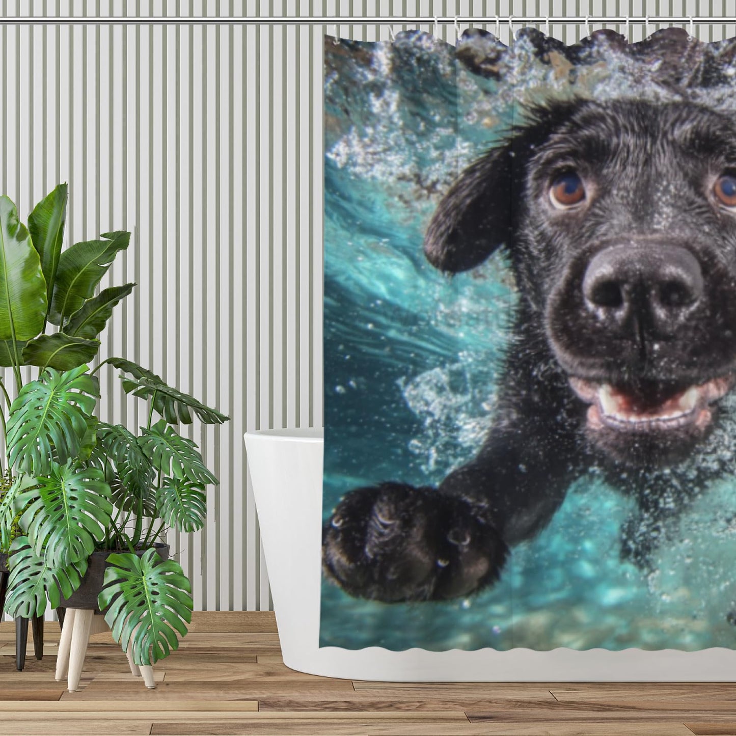 Wordatu Shower Curtains Swimming Black Labrador Dog Cute Animal Pet in Blue Water Ocean Pool Fabric Polyester, Bathroom Curtains with 12 Hooks 72x72 Inch