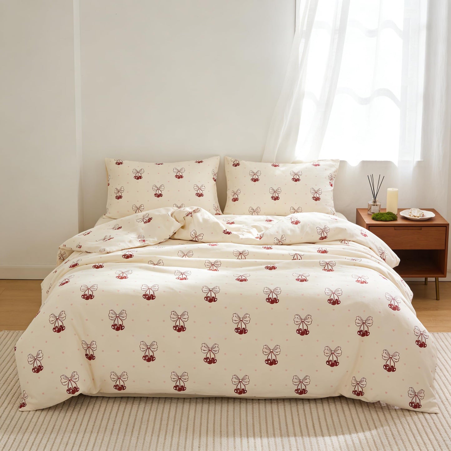 Sedefen Red Cherry Duvet Cover Queen Size Bow Duvet Cover Set Kids Boys Girls Cute Cartoon Bowknot Love Pattern Reversible Soft Breathable Bedding Set 3 Pieces with 2 Pillowcases