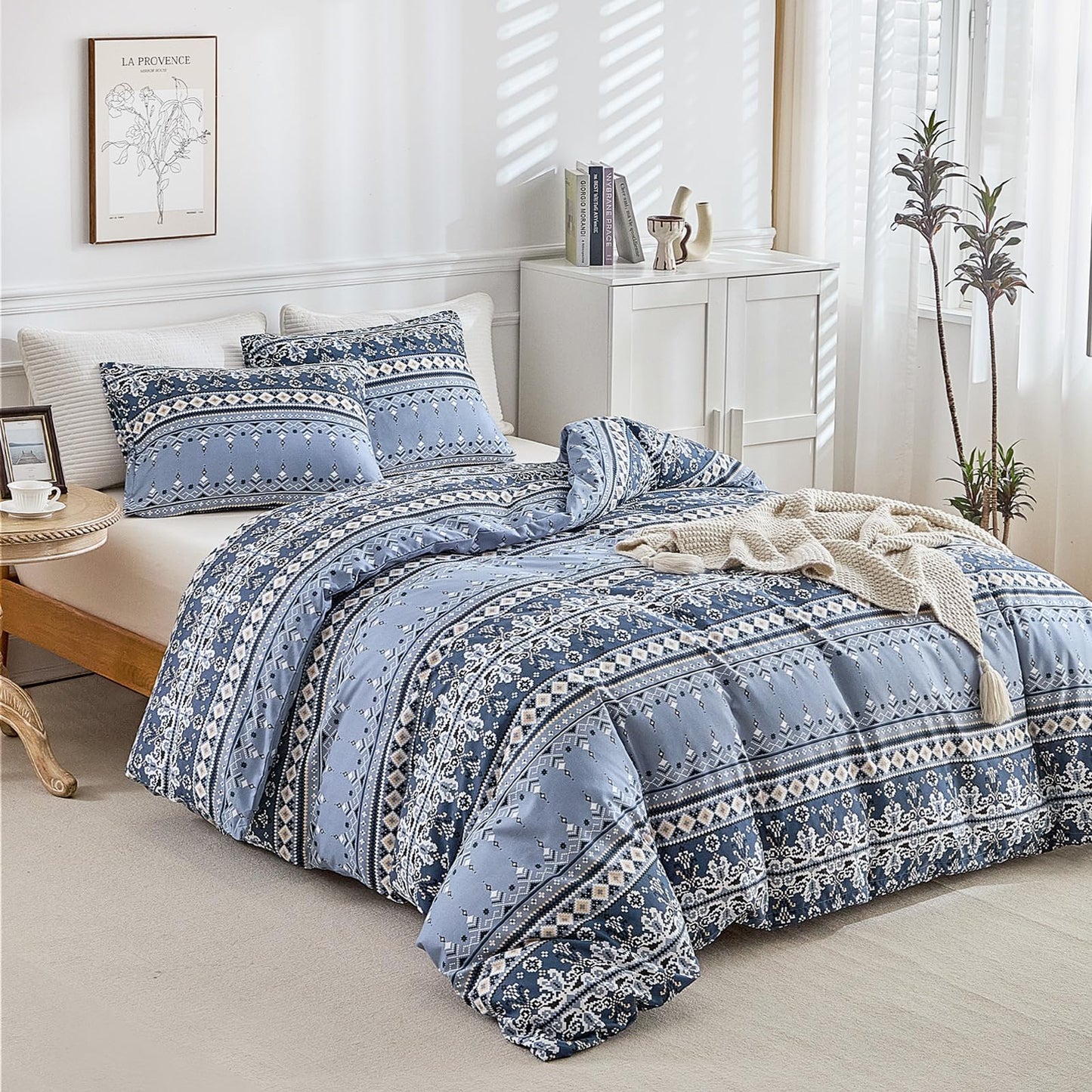 Lekesky Boho Duvet Cover King Size, Blue Comforter Cover King Size White Geometric Floral Printed Duvet Set, 3 Pieces Soft Microfiber Bedding Set with Zipper Ties (King, 104"x90")