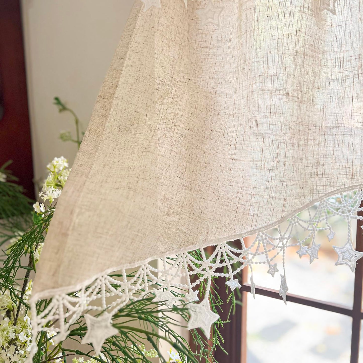 Boho Style Arched Linen Cafe Curtain Valance with Stars Trim Elegant Linen Swag Doorway Curtain Tier for Kitchen Bathroom Bedroom Rod Pocket Top 1 Panel (W39 x L25.5 inch,Beige)