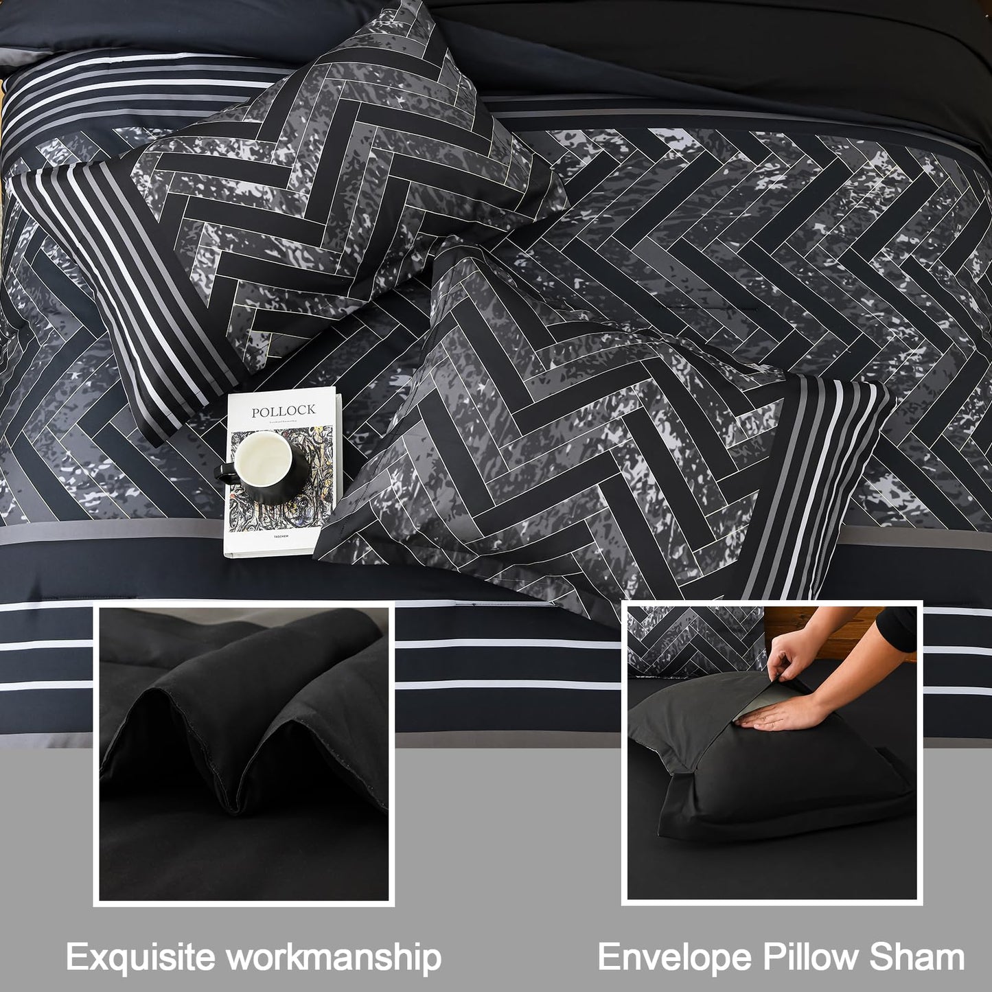 Luxudecor Black Comforter Set King Size, 7 Pieces Stripe Geometric Bed in a Bag, Geometric Comforter and Sheet Set, Soft Microfiber Complete Bedding Sets for All Seasons