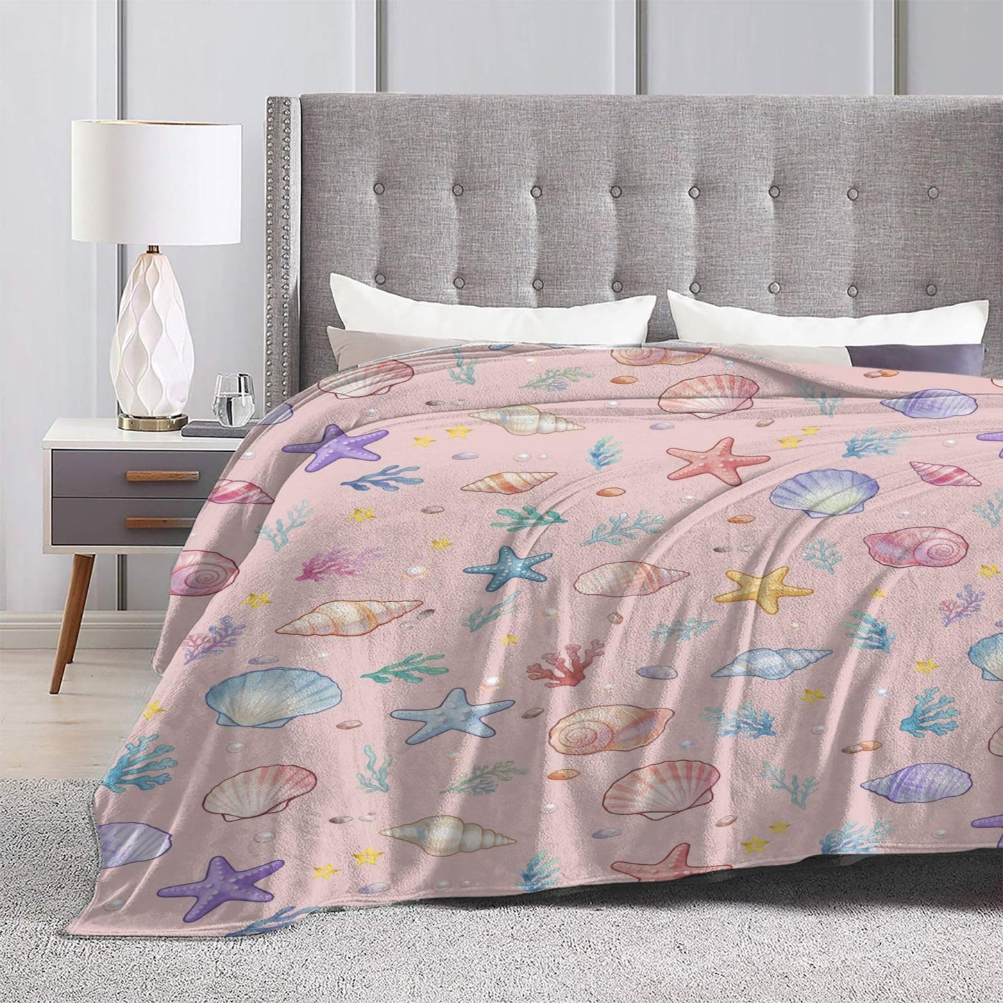 Summer Shell Starfish Beach Throw Blanket 50"x40" Cozy Fluffy Plush Seashell Blankets Soft Pink Ocean Blanket for Girls Women Gift Sofa Bed Couch