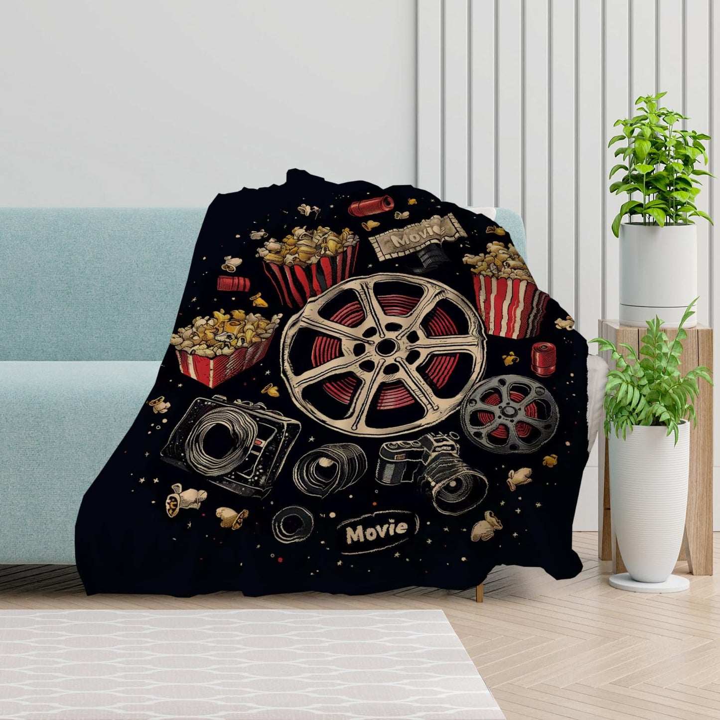 keepitcozi Movie Ticket Popcorn Throw Blanket for Adult Kids, Movie Theater Cinema Gifts Blanket Home Room Decor, Flannel Soft Blanket for Bed Couch 50"x60"