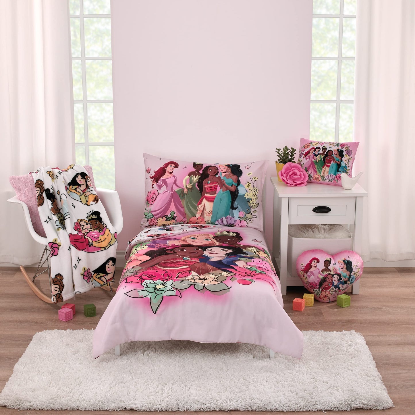 NoJo Disney Alice's Wonderland Bakery Tea Party Pink and Purple 4 Piece Toddler Bed Set - Comforter, Fitted Bottom Sheet, Flat Top Sheet, and Reversible Pillowcase