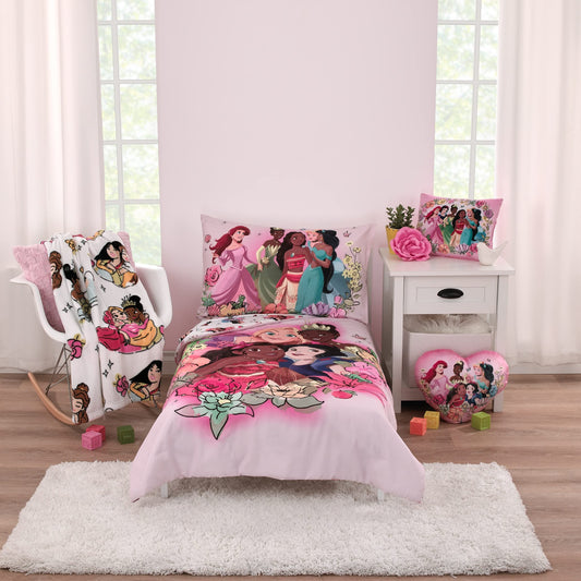 NoJo Disney Alice's Wonderland Bakery Tea Party Pink and Purple 4 Piece Toddler Bed Set - Comforter, Fitted Bottom Sheet, Flat Top Sheet, and Reversible Pillowcase