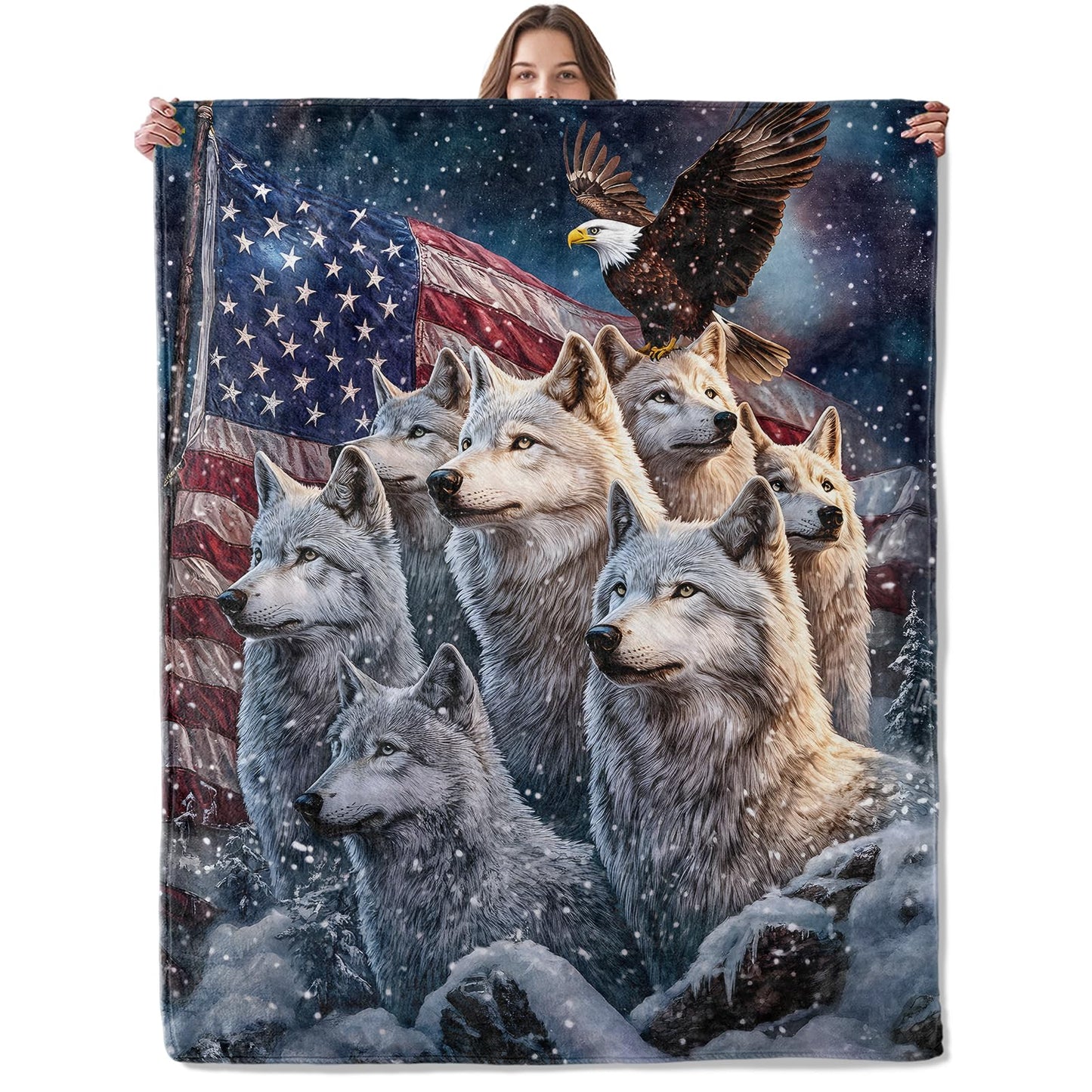 Lugiu Patriotic Wolf Pack Blanket, Lightweight Comfy Majestic Wolves & Bald Eagle Blankets for Couch Sofa Bedroom, Soft Plush Travel Flannel Throw Blanket Gifts for Adults Kids Women, Decor 60×50in