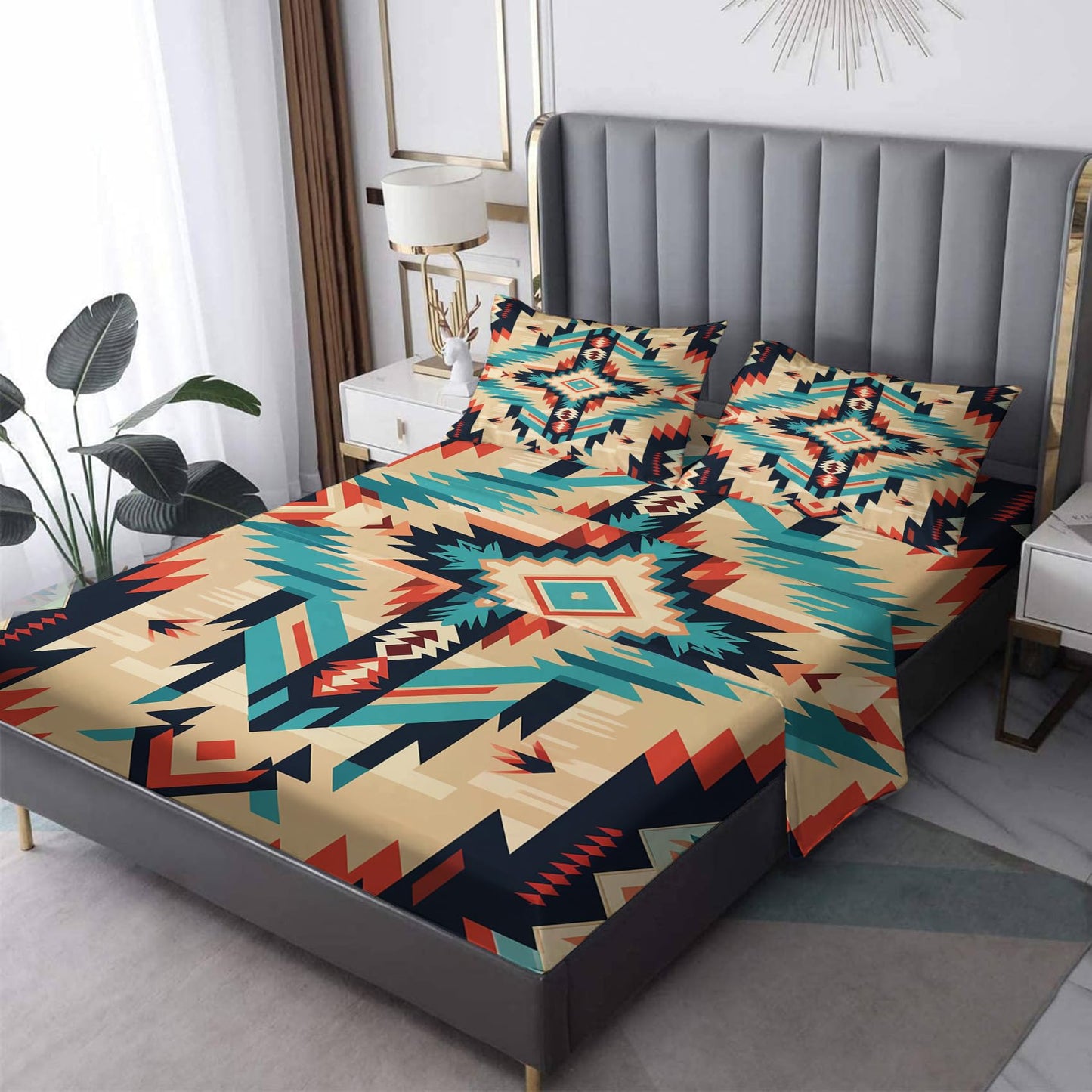 Aztec Sheets King Size - Southwestern Native American Bed Sheets, Soft Microfiber & Deep Pocket & Wrinkle Free Patterned Bedding Sheets & Pillowcases, 1 Fitted Sheet, 1 Flat Sheet, 2 Pillow Cases