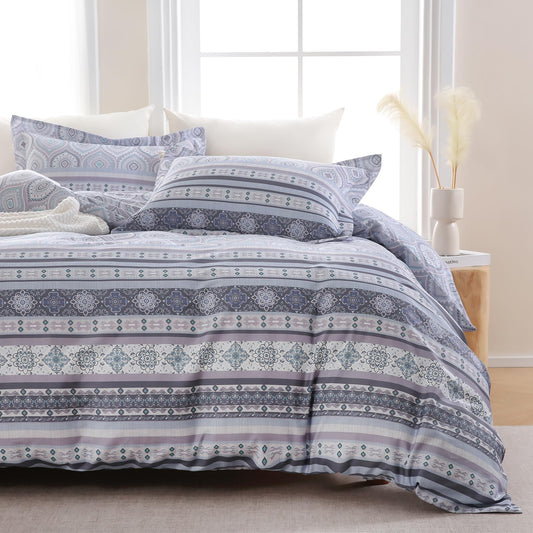 Ocharo Boho Duvet Cover King Size 100% Cotton,Reversible Duvet Cover Set with Bohemian Floral Striped Printed,Soft 3 Pieces Paisley Pattern Duvet Bedding Cover Set with 2 Pillow Shams,Grey Purple