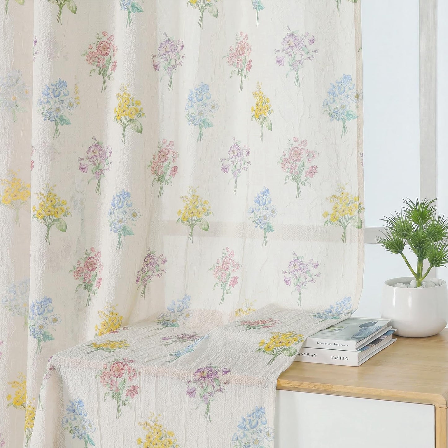 Ebesto Crushed Floral Sheer Curtains 63 Inch Length - Light Filtering Printed Sheer Flower Patterned Curtains for Bedroom, Spring Romantic Rod Pocket Window Drapes, 2 Panels, 42Wx63L Inches, Natural