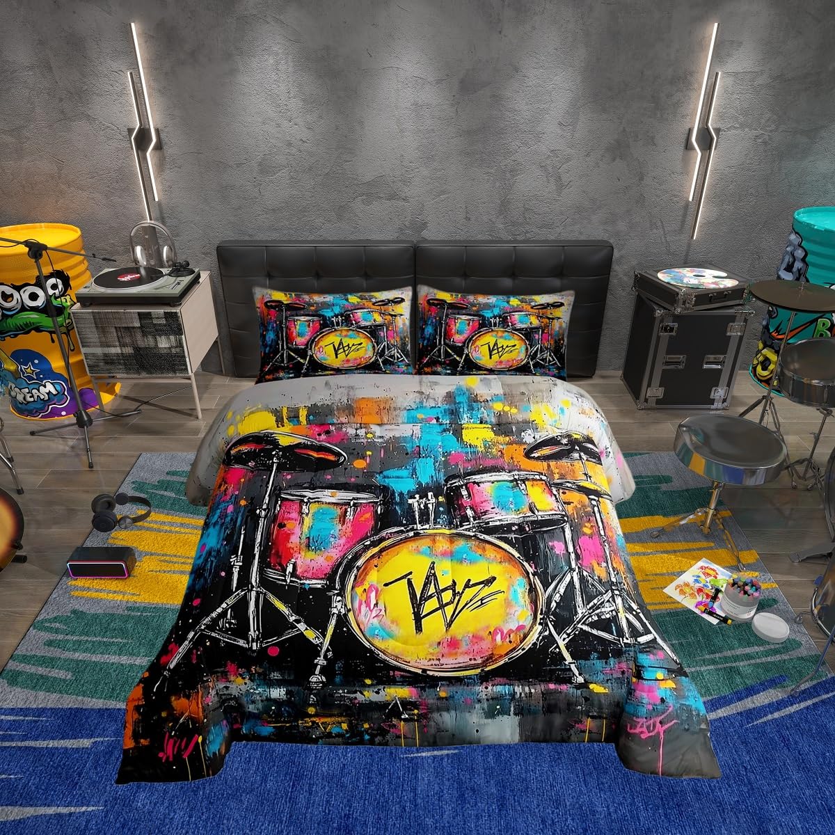 Erosebridal Rock Drum Kit Bedding Set Queen Graffiti Musical Instrument Comforter Set for Kids Boys Girls Music Theme Down Comforter,Rock Music Lovers Quilt Duvet