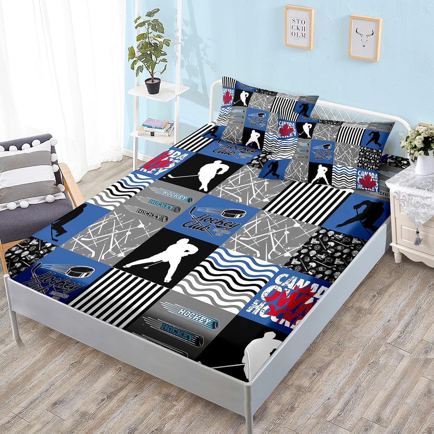 HOSIMA Hockey Fitted Sheets,Ice Hockey Player Bedding Set Twin Size,Lattice Bed Cover with Deep Pocket Cartoon Bedding for Kids Boys Girls Gift,1 Fitted Sheet with 2 Pillow Cases.
