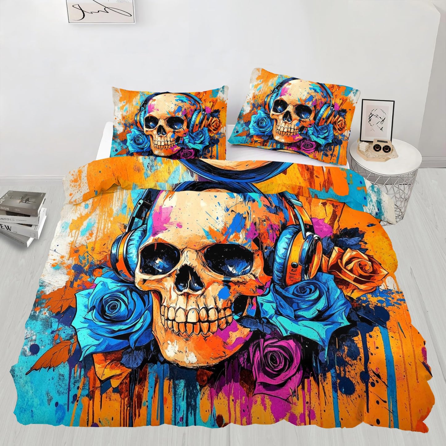 PAISUOQ Graffiti Bedding Sets Full Floral Skull Comforter Cover with Zipper Ties, Graffiti Music Duvet Cover with 2 Pillowcases, 3 Pieces，Bedroom Decor & Gifts