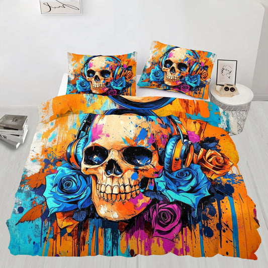 PAISUOQ Graffiti Bedding Sets Full Floral Skull Comforter Cover with Zipper Ties, Graffiti Music Duvet Cover with 2 Pillowcases, 3 Pieces，Bedroom Decor & Gifts