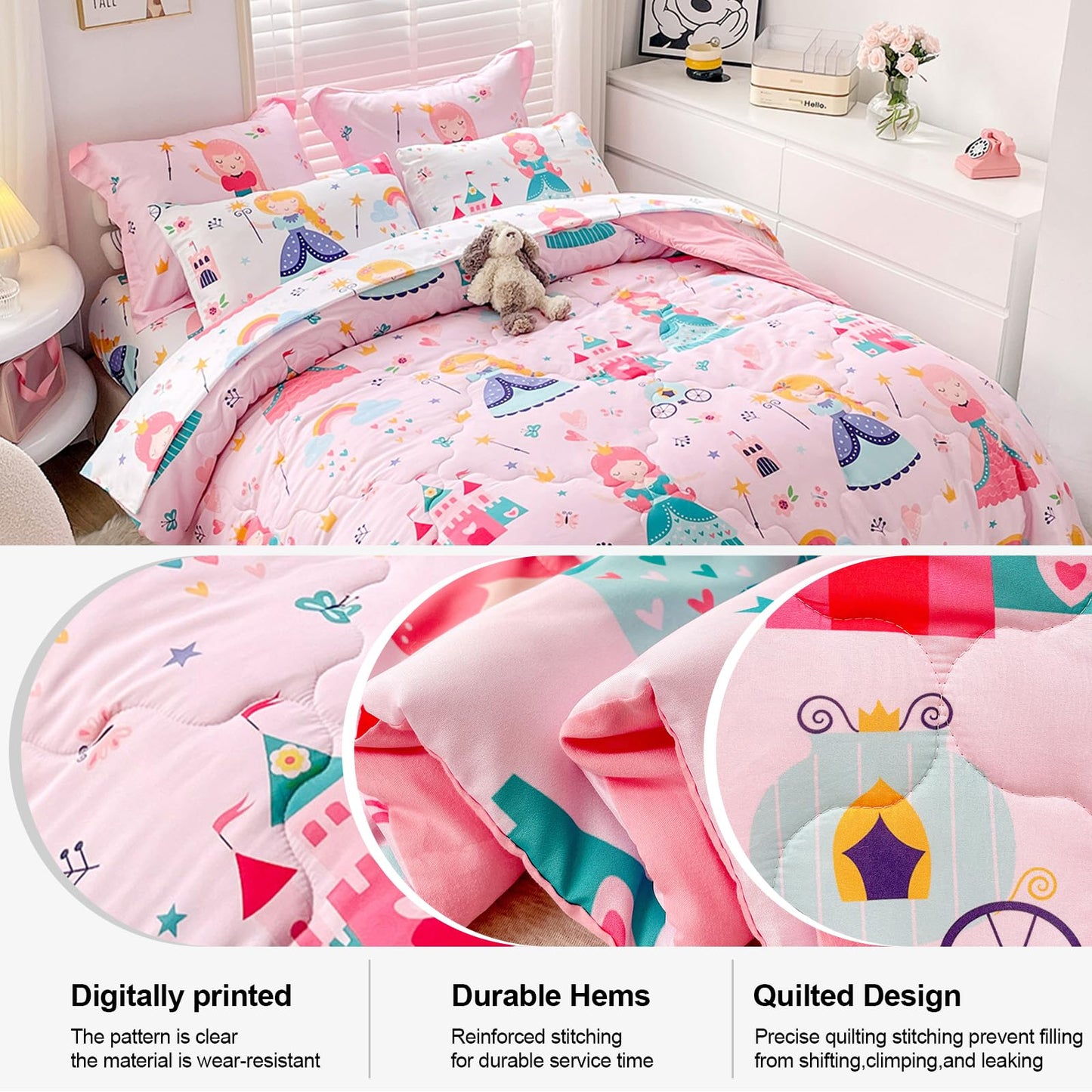 Wajade Kids Pink Princess Comforter Set Bed in A Bag Full Size 7 Piece Princess Fairy Tales Castle Bedding Set for Girl (1 Comforter, 1 Flat Sheet, 1 Fitted Sheet, 2 Pillowcase and 2 Pillow Sham)