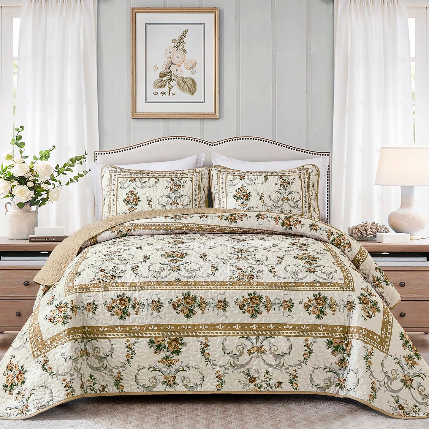 Anibedding Floral Quilt Set King Size, Retro Brown Flower Pattern Quilts Bedspread,Soft Microfiber Lightweight Bed Cover for All Season(King, 104"x90")