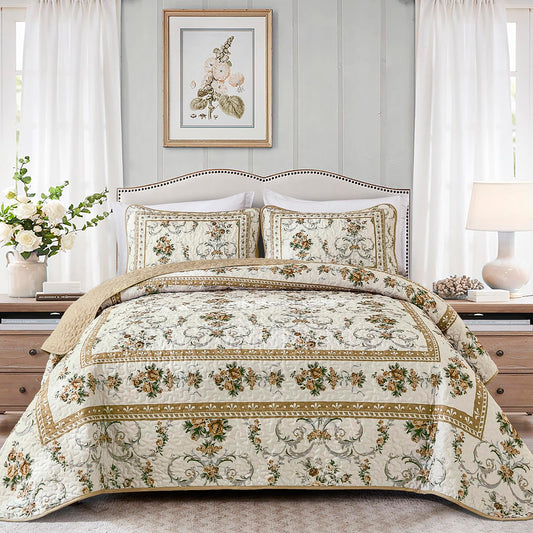 Anibedding Floral Quilt Set King Size, Retro Brown Flower Pattern Quilts Bedspread,Soft Microfiber Lightweight Bed Cover for All Season(King, 104"x90")