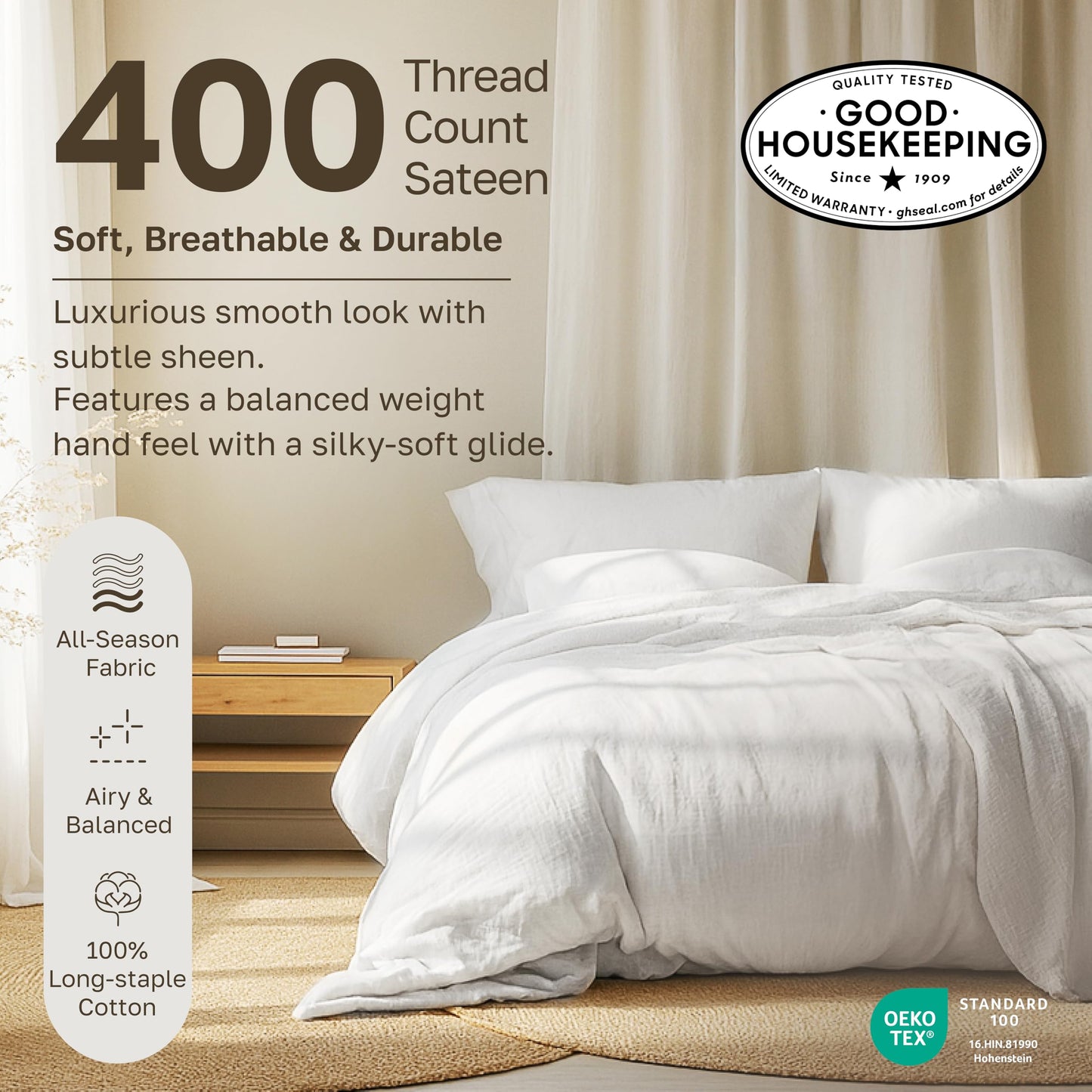 California Design Den Soft 100% Cotton Queen Sheet Set, 400 TC Good Housekeeping Award Winner, Silky Smooth Sateen Weave with Deep Pockets, Breathable and Durable Cotton Bedding Set - Striped White