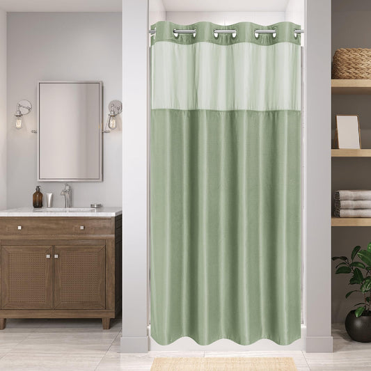 eachope Stall No Hook Shower Curtain with Snap-in Fabric Liner Set,Waffle Weave Shower Curtains for Bathroom,Hotel Luxury Decor Bathroom Curtain Set,Waterproof & Washable,54Wx80H,Sage Green