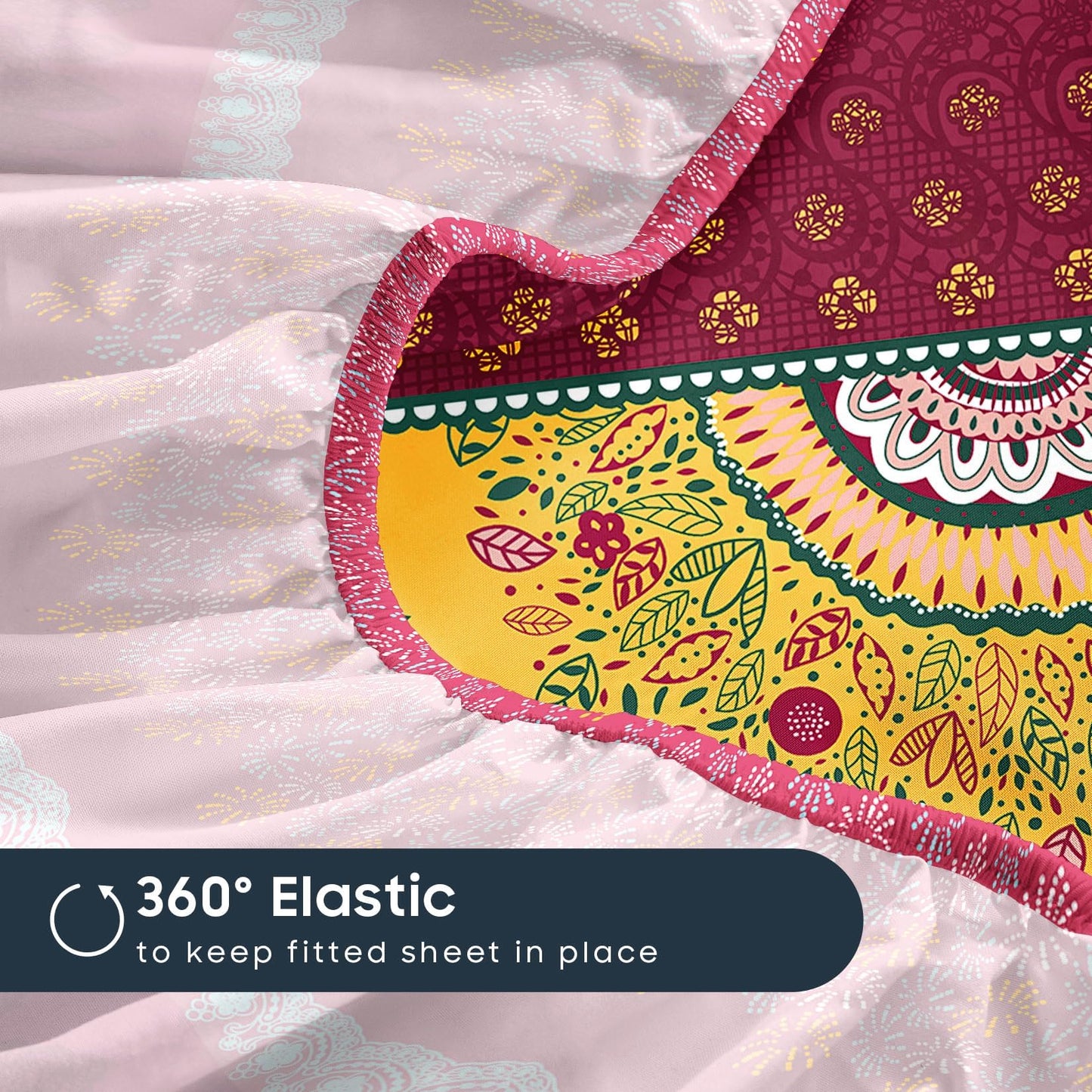 Wake In Cloud - Boho Bed Sheets, 4-Piece Sheet Set, Bohemian Chic Medallion Colorful Hippie Aesthetic Bedding, Deep Pocket, Burgundy, King Size