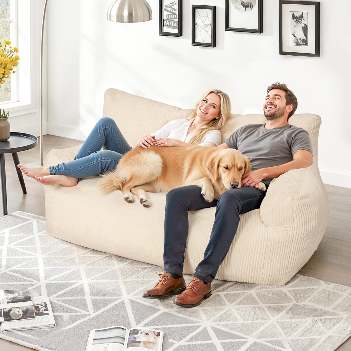 Fkhouse 59" Bean Bag Chair,2 Seat Loveseat Sofa,Corduroy Lazy Sofa Bed for Adults,Fit Living Room, Bedroom,Outdoor Spaces,Ultra Soft Dutch Velvet,Fluffy Comfort Cover,White