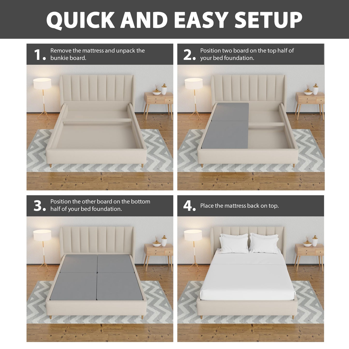 Greaton 1.5" Split Wood Bunkie Board for Full(Fold) Size Bed - 4-Piece Under Mattress Support Board, Fully Assembled, Fabric Ventilation Cover - Replaces Wooden Slats or Box Spring for Bed Frames