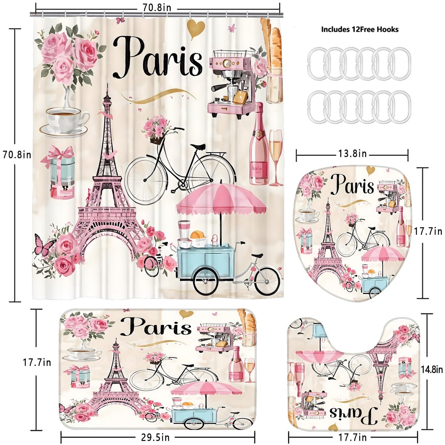 Chrainy 4Pcs Paris Eiffel Tower Shower Curtain Sets Bathroom Set Decor with Non-Slip Rugs Bath U-Shaped Mat Toilet Lid Cover Waterproof Pink Romantic Bathroom Curtains Shower Set with 12 Hooks
