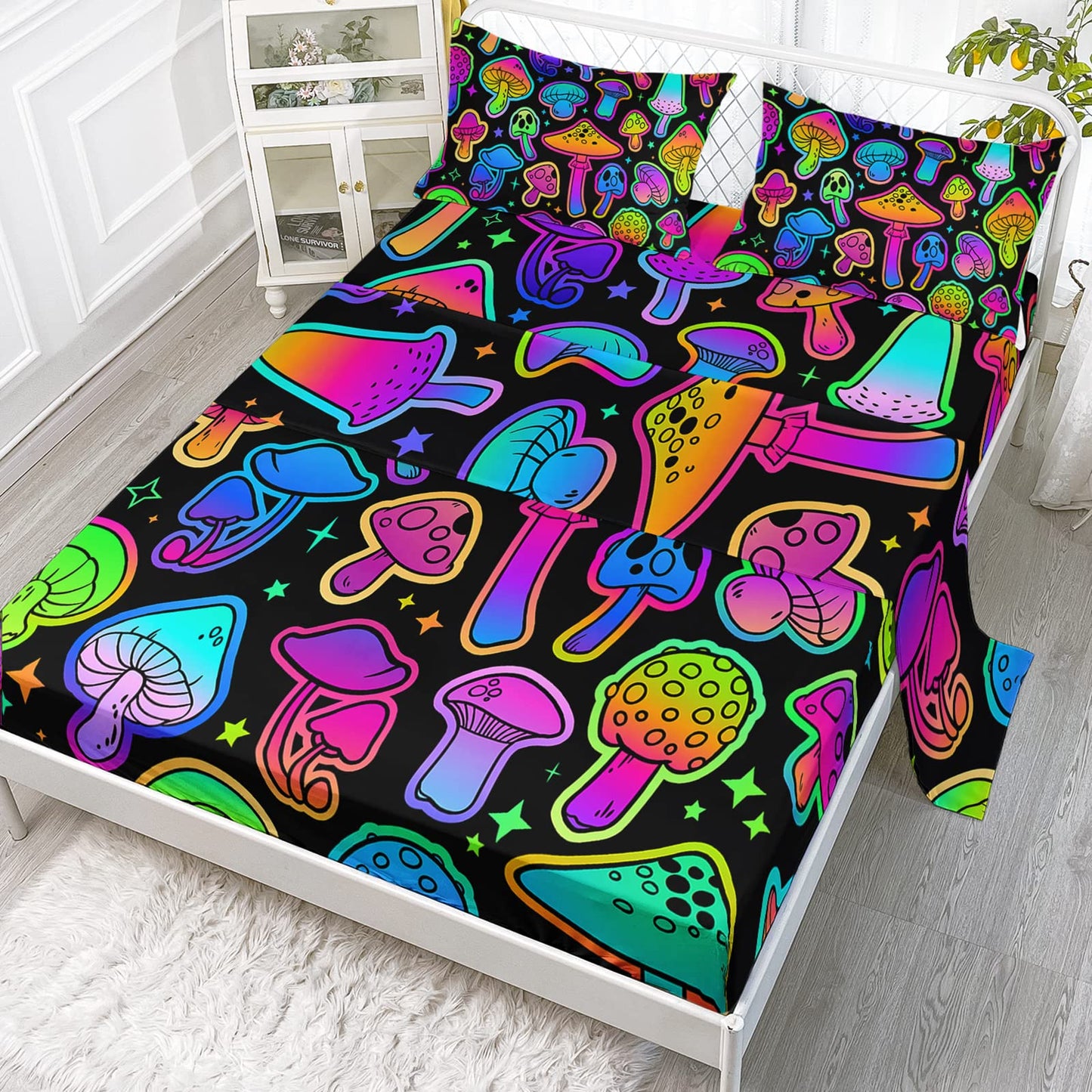 Axolotl Mushroom Sheet Set Kids Bedding Twin,4Pcs Colorful Soft Gradient Mushroom Bedding Set with 1 Fitted Sheet 1 Flat Sheet 2 Pillowcases,Cute Bed Sets for Kids Boys Girls Teens Adults,Black Neon