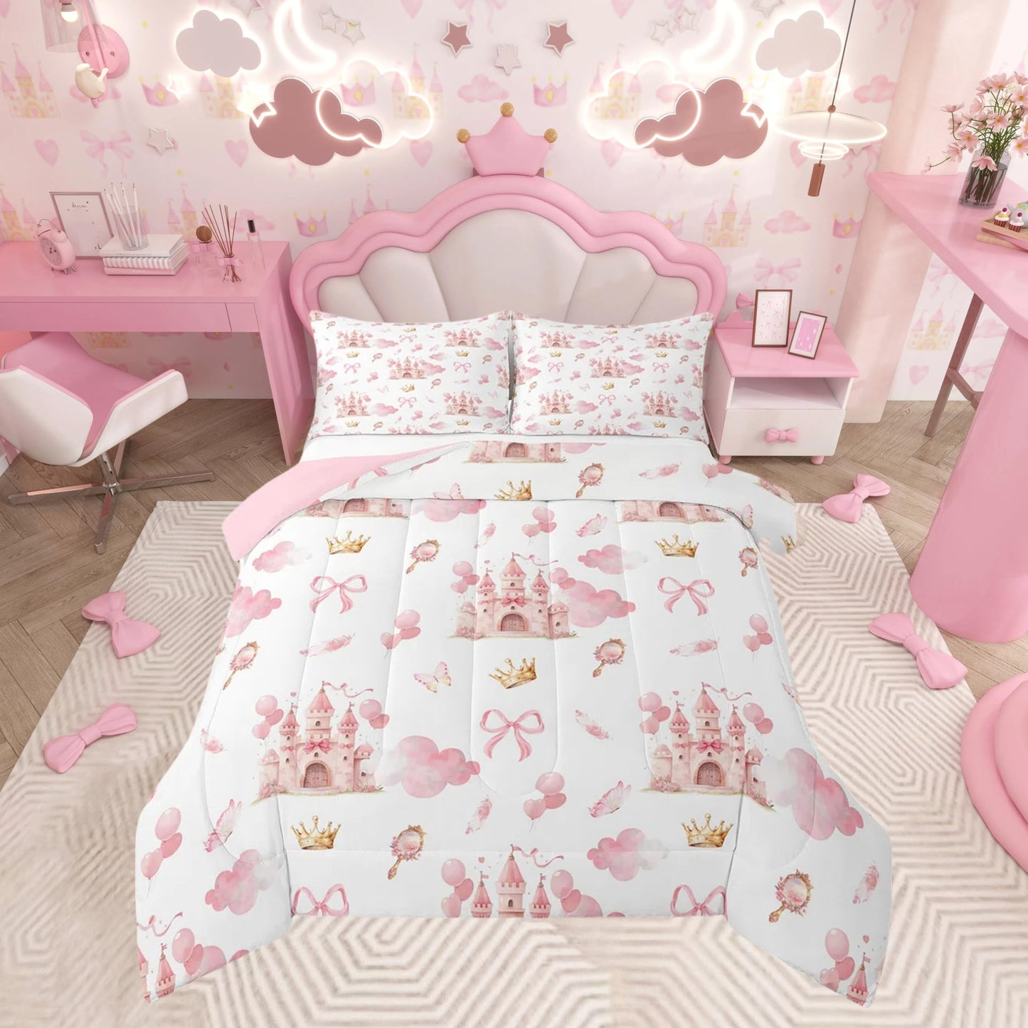 Feelyou Kids Pink Castle Duvet Insert Twin Size, Cute Bowknot Comforter Set Boys Girls Girls Dreamy House Bedding Set Fairytale Teens Bedroom Decor Bed Set 2Pcs