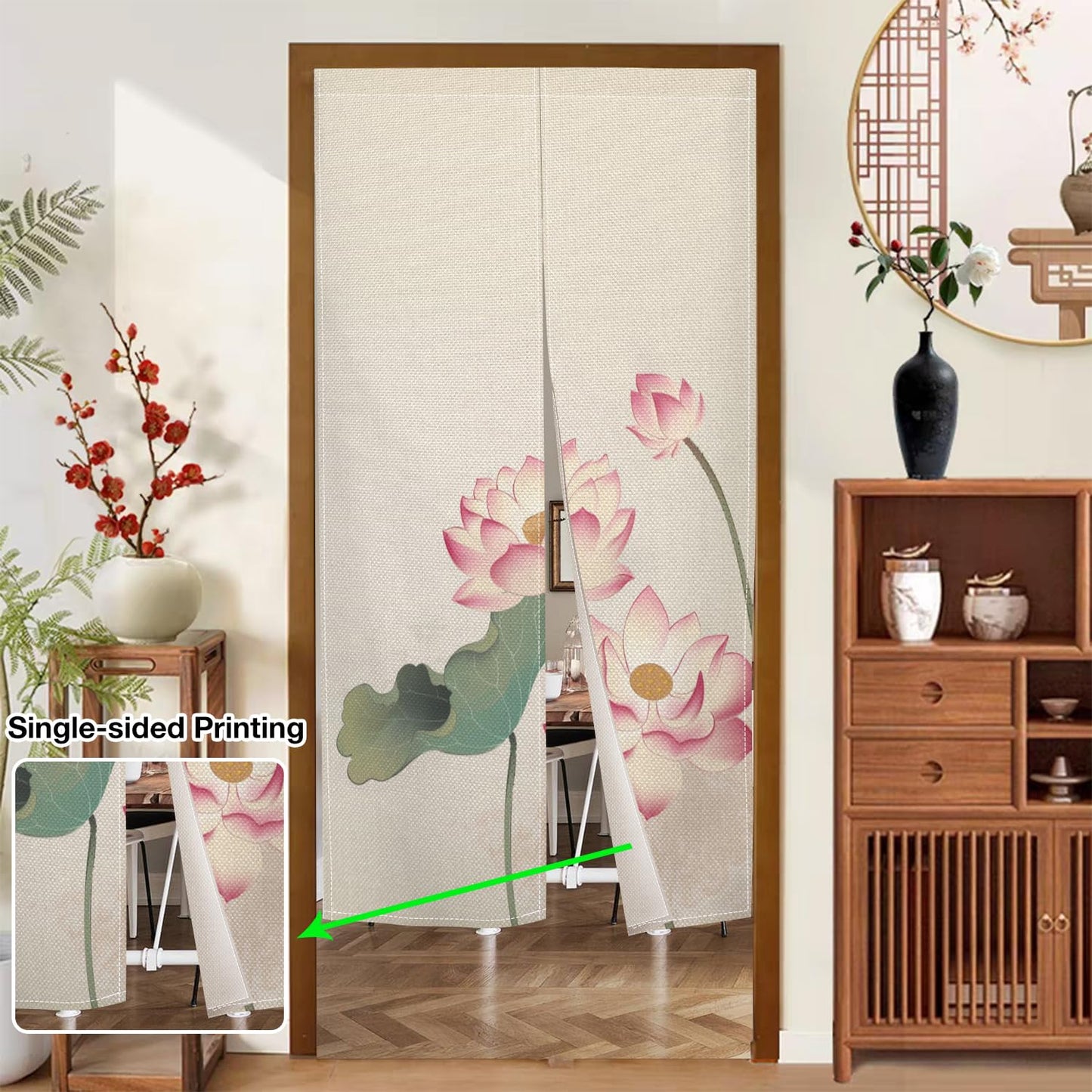 Leowefowa Long Style Noren Japanese Doorway Curtain Traditional Lotus Printed Window Treatment Fengshui Door Curatin Tapestry for Hanging Room Divider Curtains Kitchen Door Home Decor, 33.5"x 70.9"