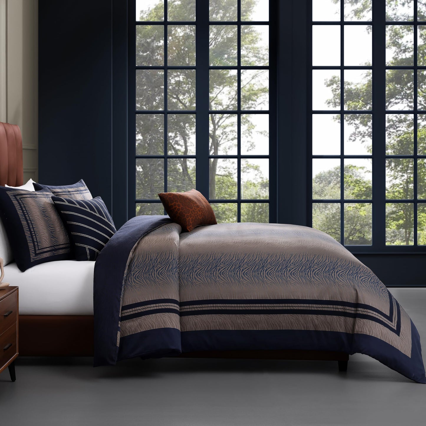 Bebejan Dark Blue Animal Prints 5 Piece Comforter Set, 100% Cotton Sateen, 220 Thread Count, Reversible Bedding Comforter Set, 1 Comforter, 2 Shams & 2 Pillows (King/Cal King)