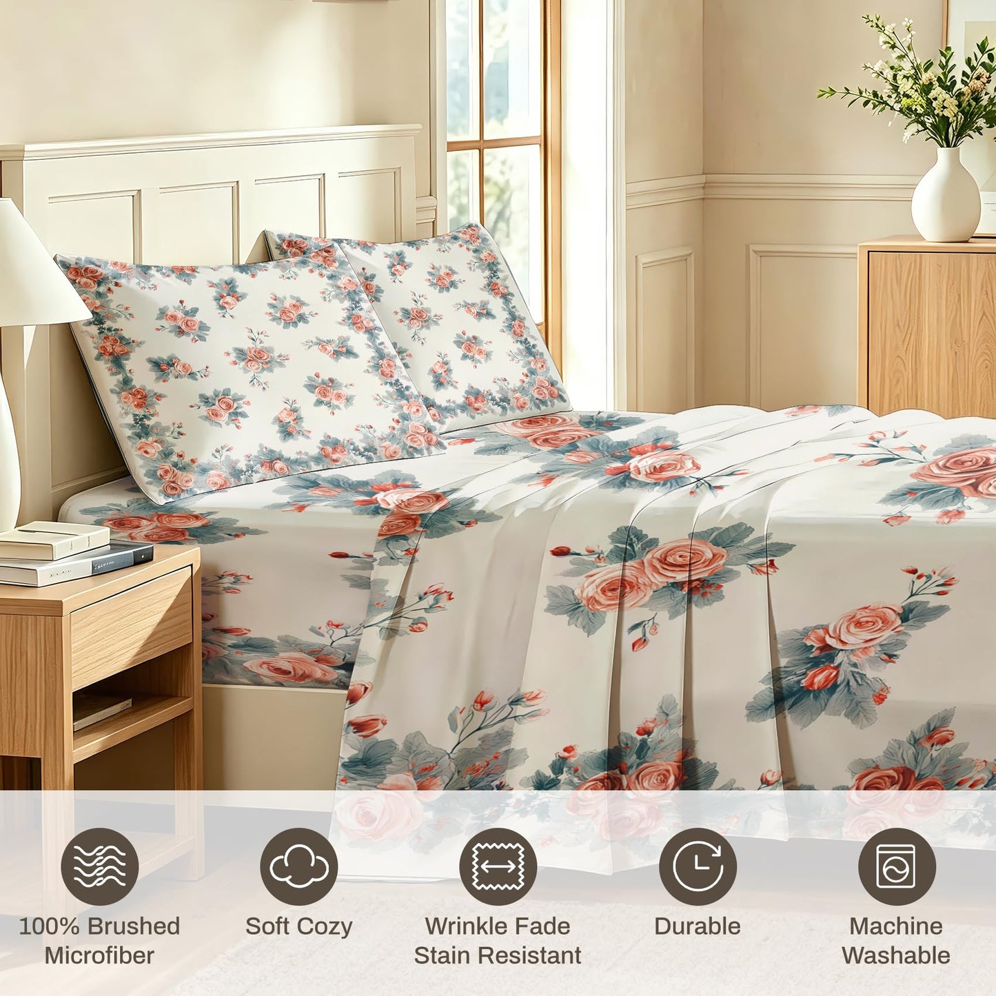 Pink Roses Sheet Set, 4 Pcs Full Size Girls Floral Bed Sheets