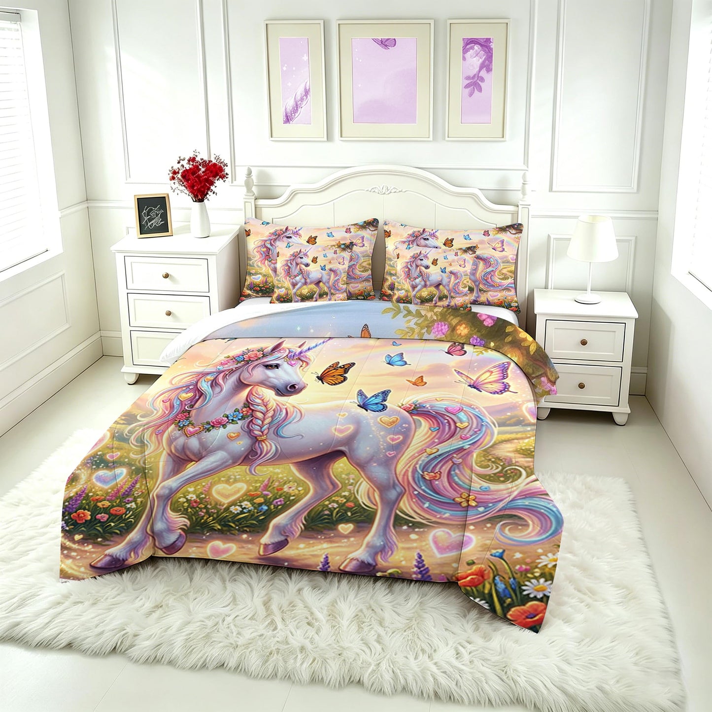FUYEUN Unicorn Comforter Set Queen Size 7 Pieces Cute Rainbow Print Bedding Set for Kids Boys Girls Bed in a Bag with Comforter, Sheets, Pillowcases, Cushion Covers Dreamy Princess